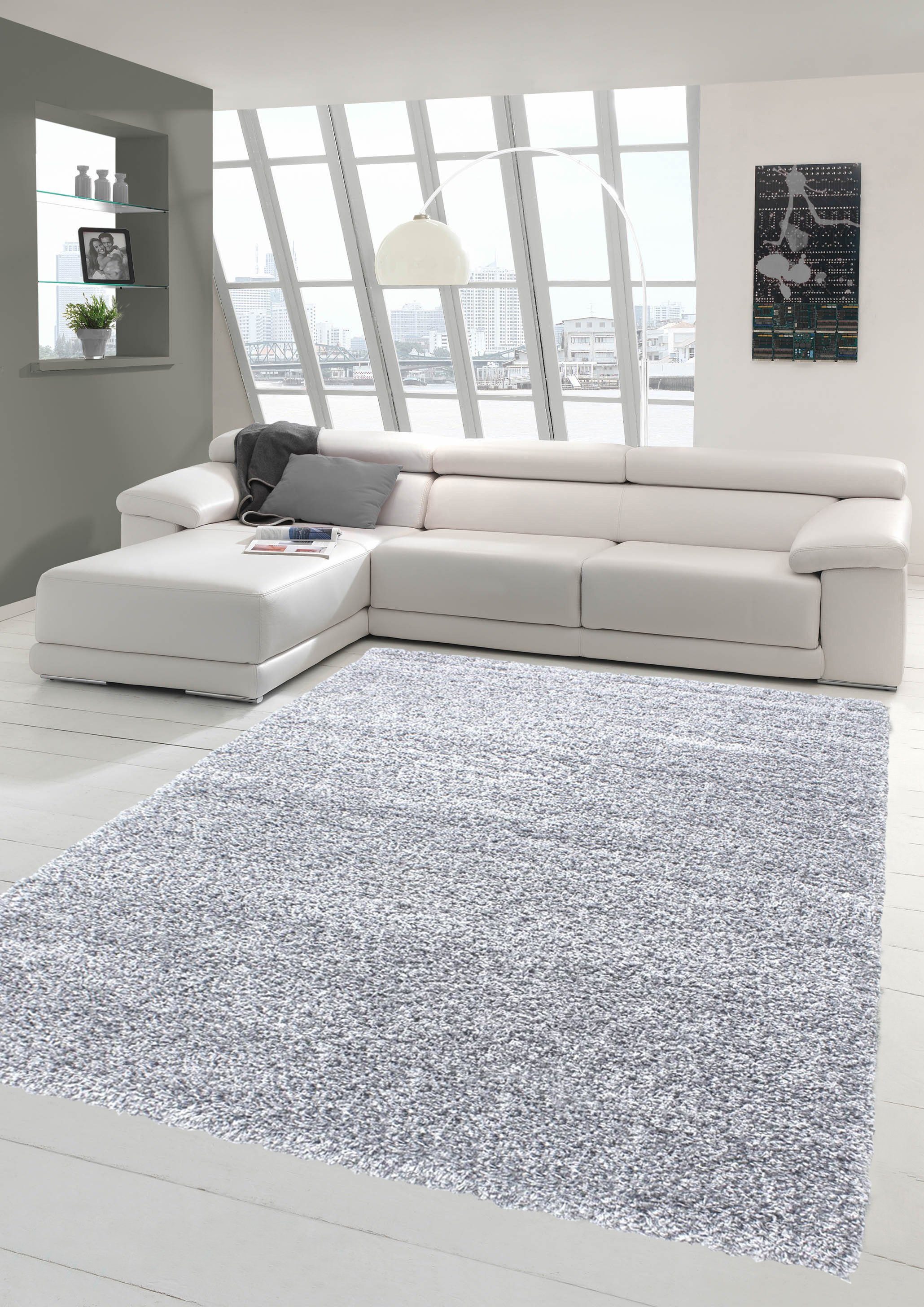 Hochflor-Teppich Shaggy Teppich Hochflor Langflor Teppich Wohnzimmer Teppich  Gemustert in Uni Design Grau, Teppich-Traum, rund, Höhe: 30 mm
