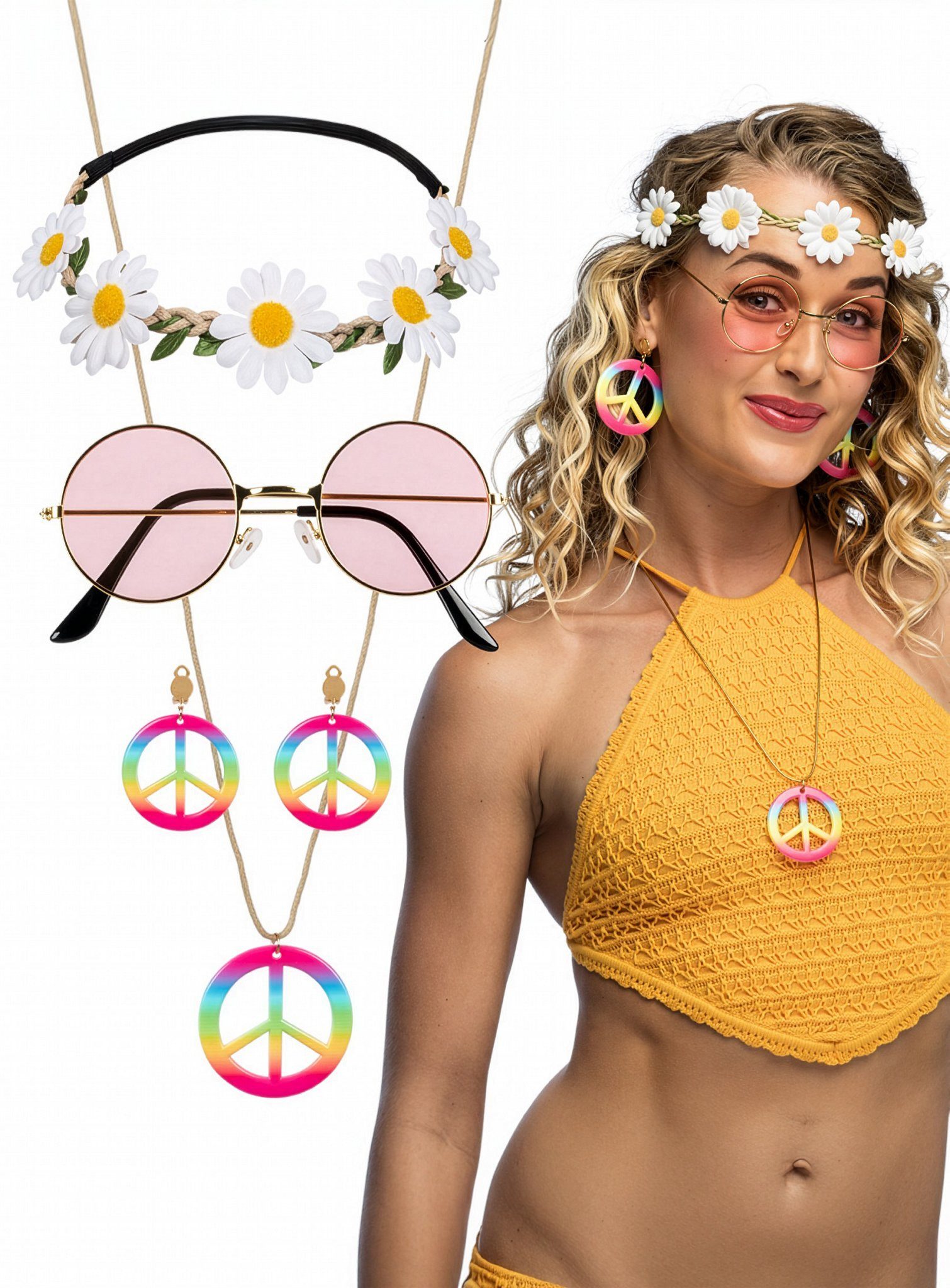 Widdmann Hippie-Kostüm Hippie Accessoire-Set - Schmuck für Fasching & Kar, Blumiges Schmuckset für Hobos und Blumenkinder