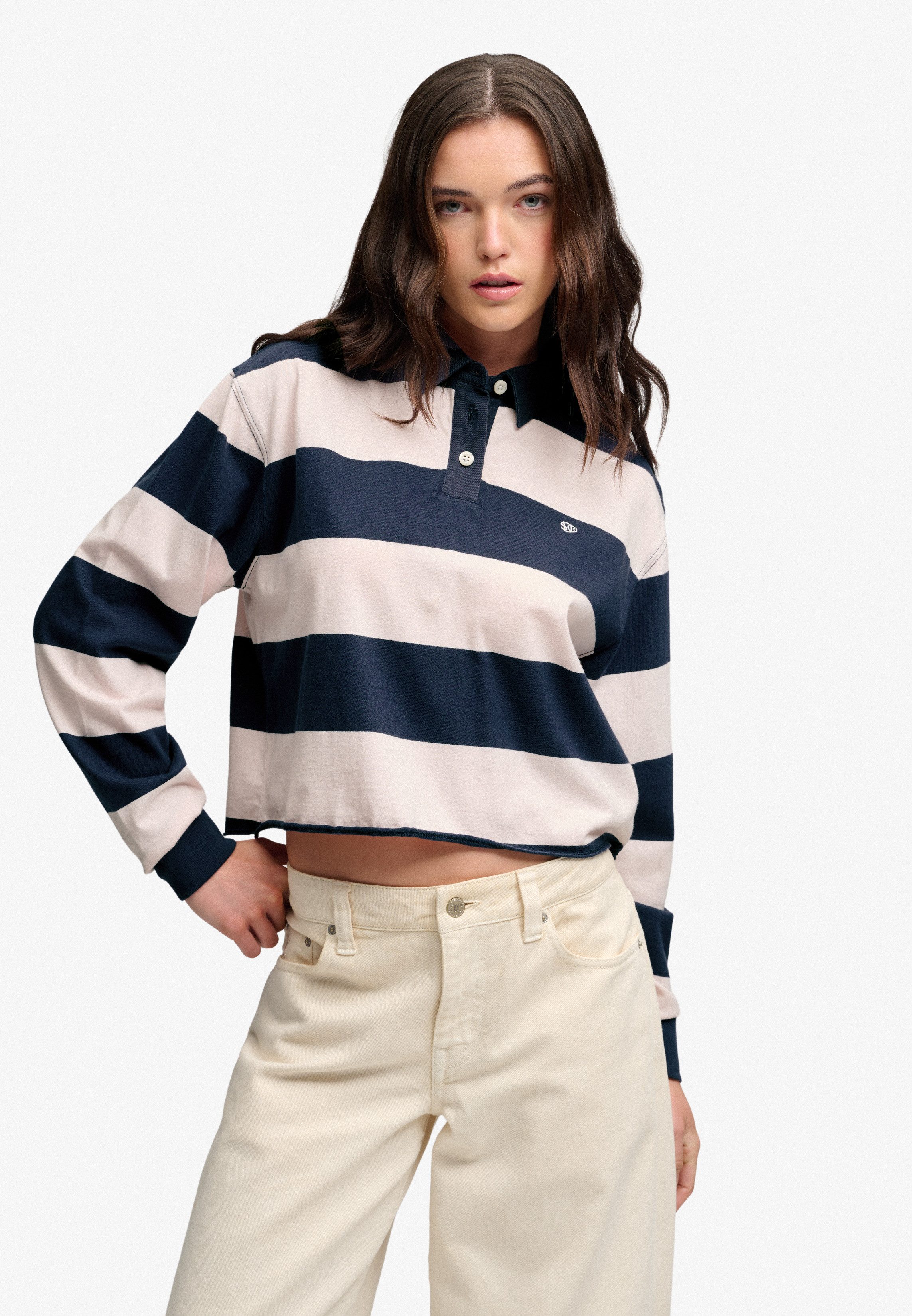 Superdry Langarm-Poloshirt ATH ESS CROPPED STRIPE RUGBY Baumwolle, oversize, cropped fit