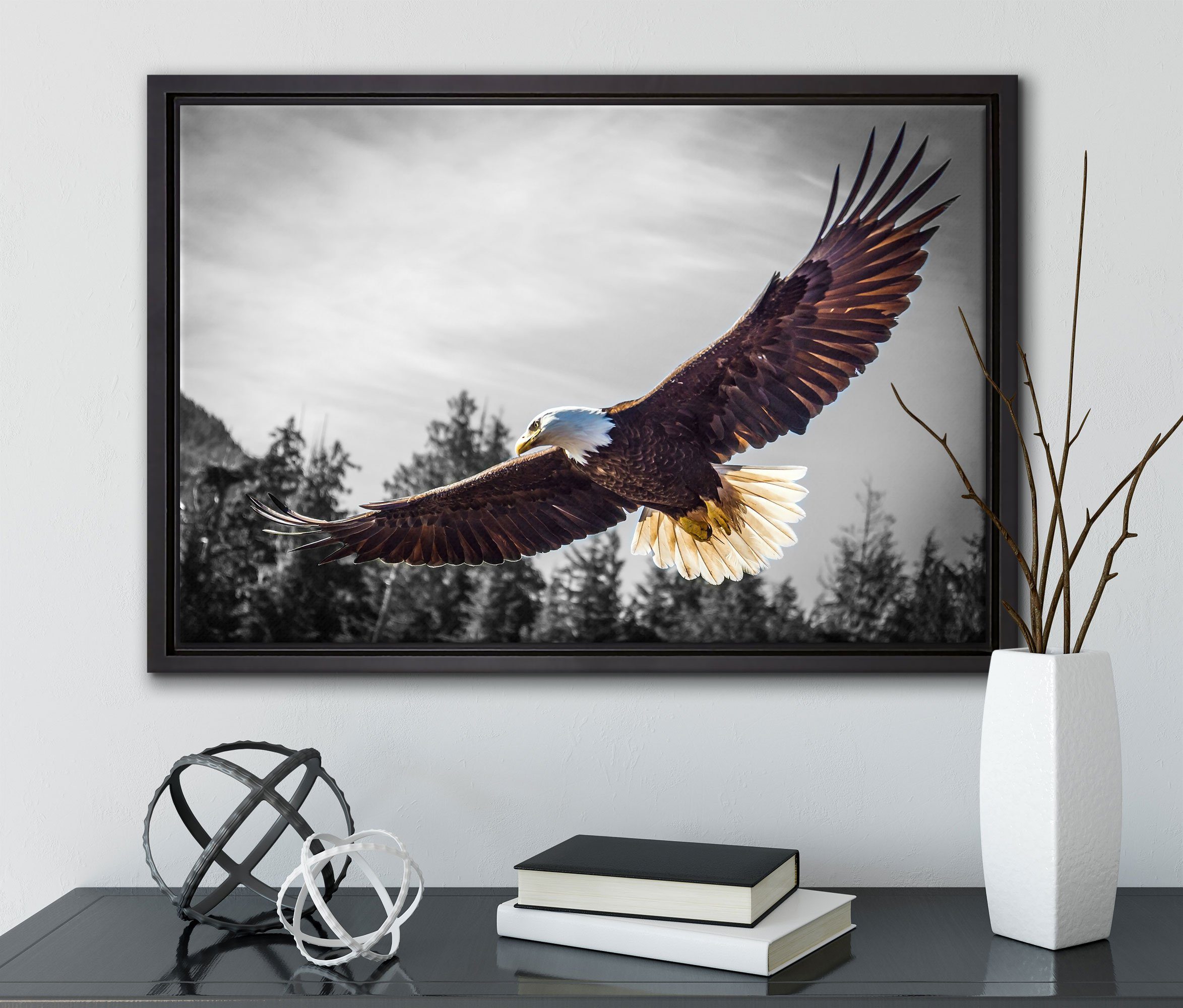 Pixxprint Zackenaufhänger einem Schattenfugen-Bilderrahmen in fliegender inkl. bespannt, Leinwandbild gefasst, Wanddekoration St), (1 Leinwandbild großer Adler, fertig