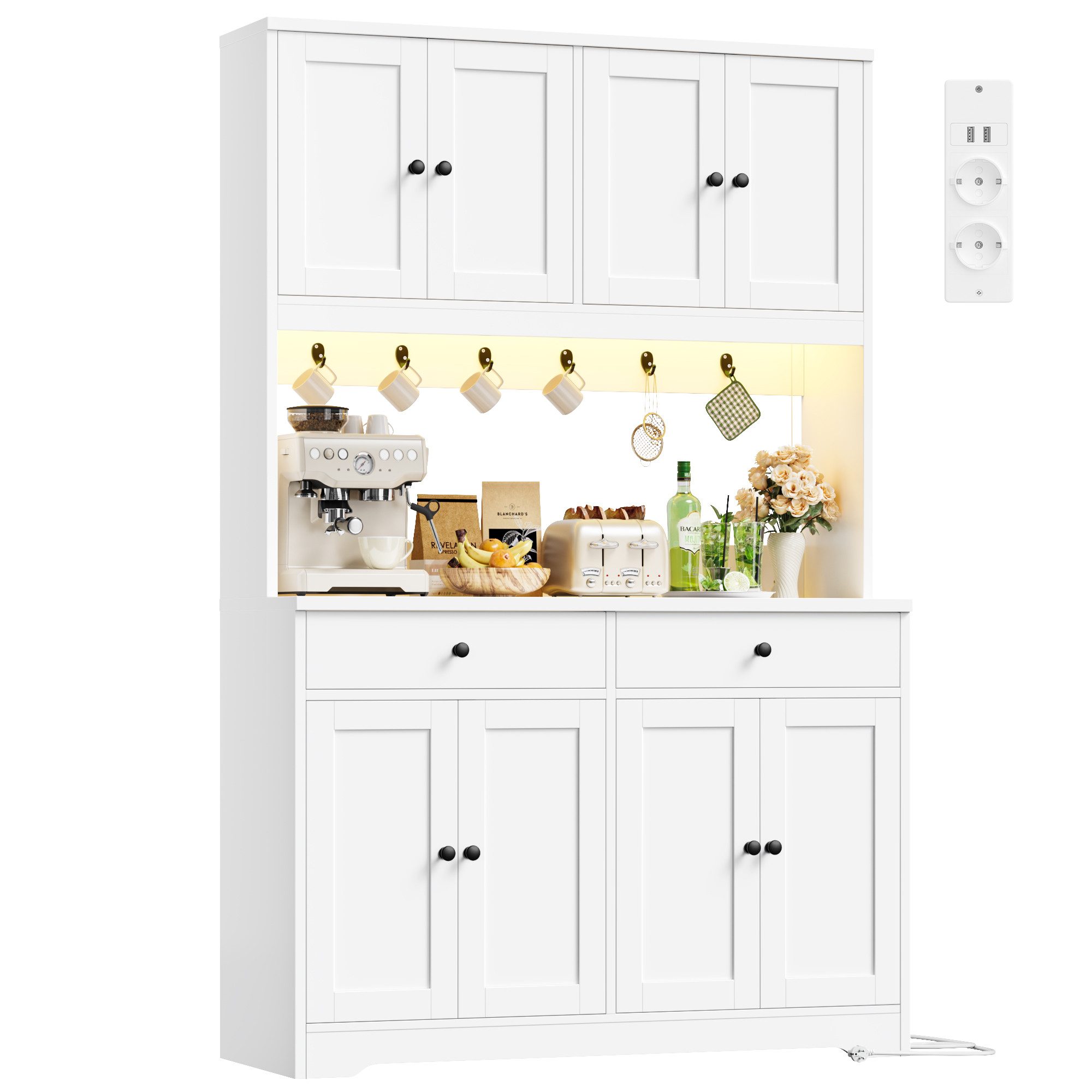 Homfa Küchenbuffet Küchenschrank Buffetschrank mit LED und Steckdosenleiste Sideboard mit Arbeitsplatte, 8 Türen und 2 Schubladen 178x106x38cm