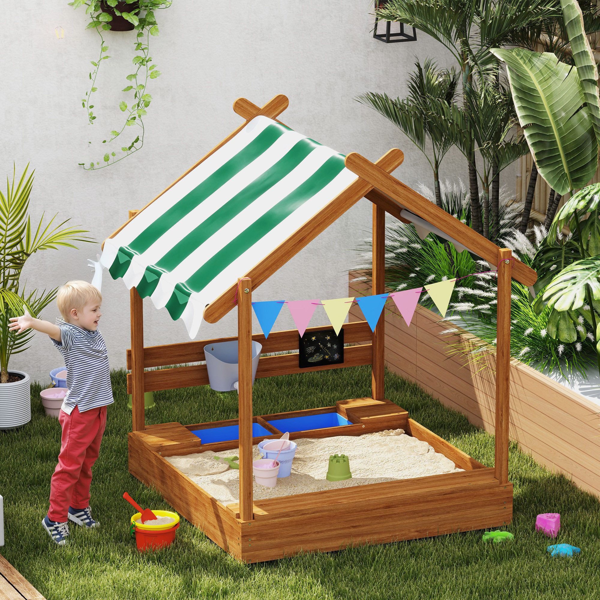 Outsunny Sandkasten Sandkiste aus Holz mit Sitzplatz, (Spielhaus, 1-tlg., Sandbox mit Tafel), für 3-7 Jahre Kinder, 124 x 116 x 146 cm