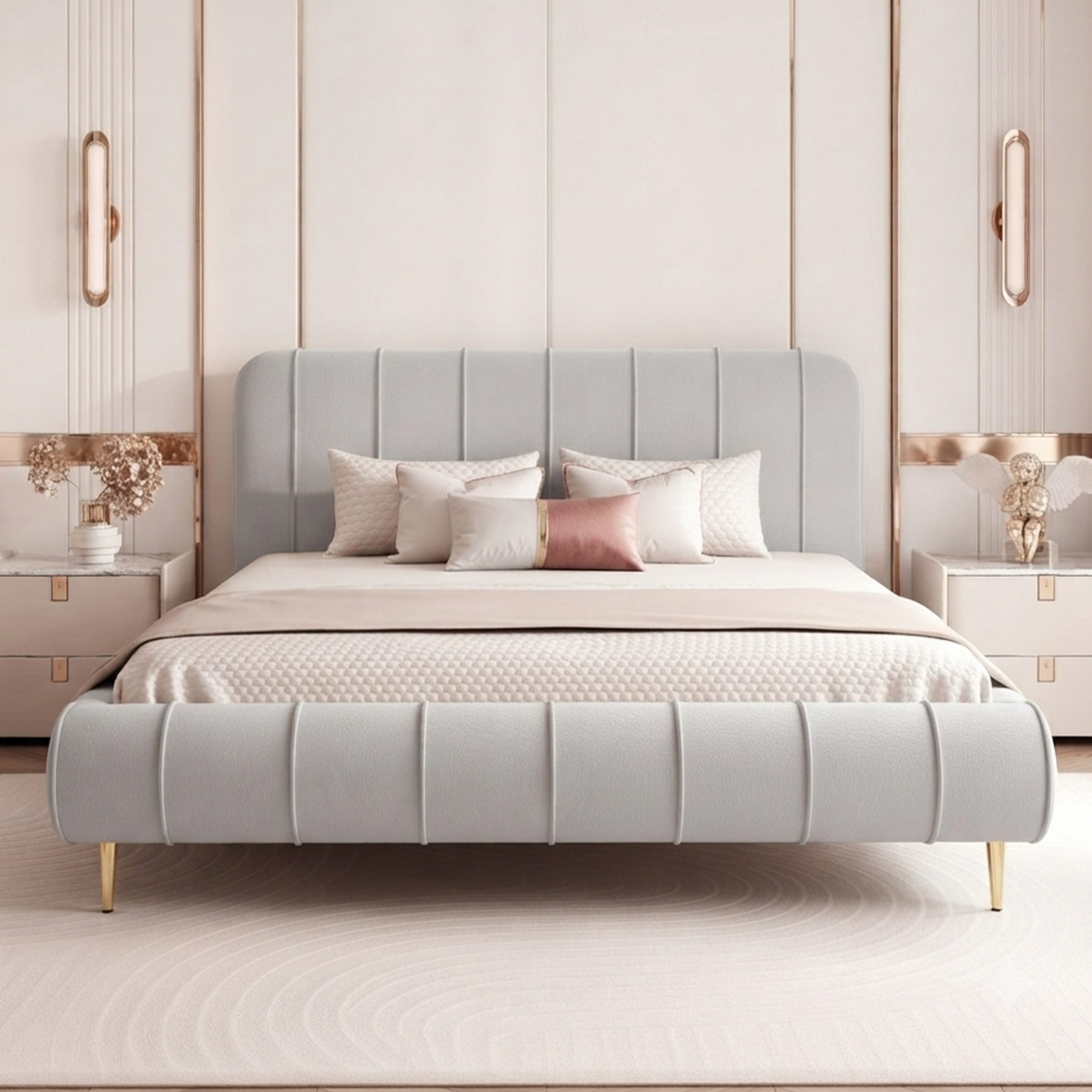 Goldstoff Polsterbett Elegantes Stoffbett "FIRENZE" mit hohem Kopfteil und großem Bettkasten (120–200x200 cm, Kopfteilhöhe 70/100 cm, Seitenhöhe: 25/40 cm), Komfortables Stoffbett mit Stauraum und verstellbarem Kopfteil
