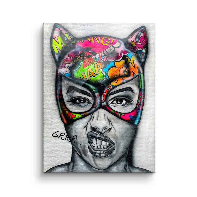 DOTCOMCANVAS® Leinwandbild Grrr, Leinwandbild Catwoman Pop Art Comic Porträt Grrr hochkant