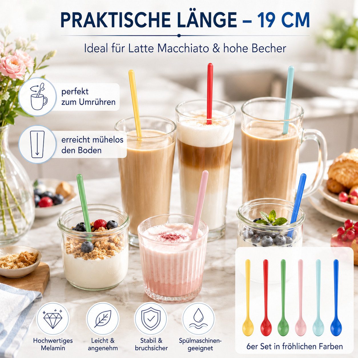 rice Dessertlöffel Latte Löffel Set 6er bunt lang für Kaffee & Dessert (6 Stück)