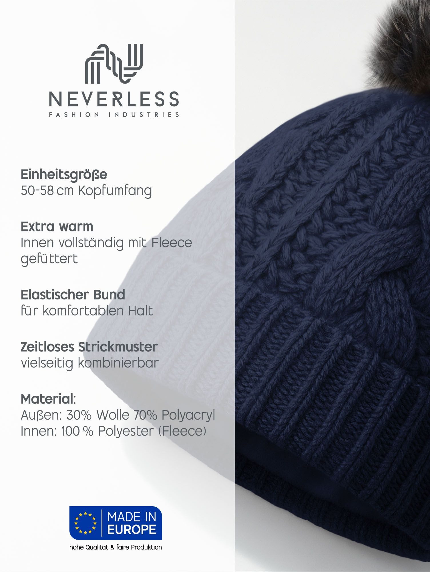 Neverless Bommelmütze Damen Strick-Mütze gefüttert Fell-Bommel Kunstfell Winter-Mütze