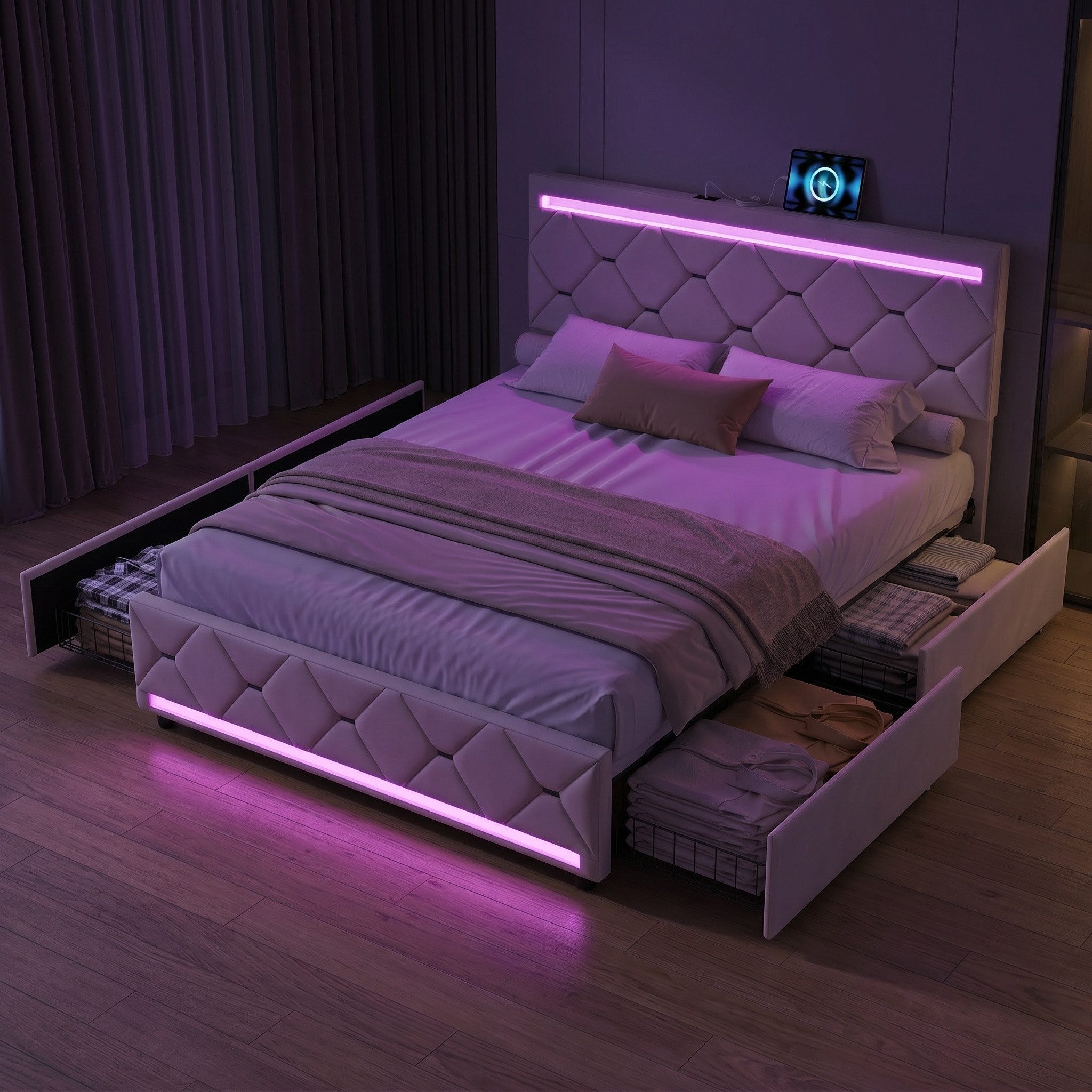 Simurq Polsterbett Bettgestell Doppelbett 160x200 mit 4 Schubladen,300 kg Belastung (Set, 1-tlg) (LED Polsterbett 160x200 mit Lattenrost, ohne Matratze), Bettrahmen mit LED RGB Kopf- & Fußteil, integrierte USB-Anschlüsse