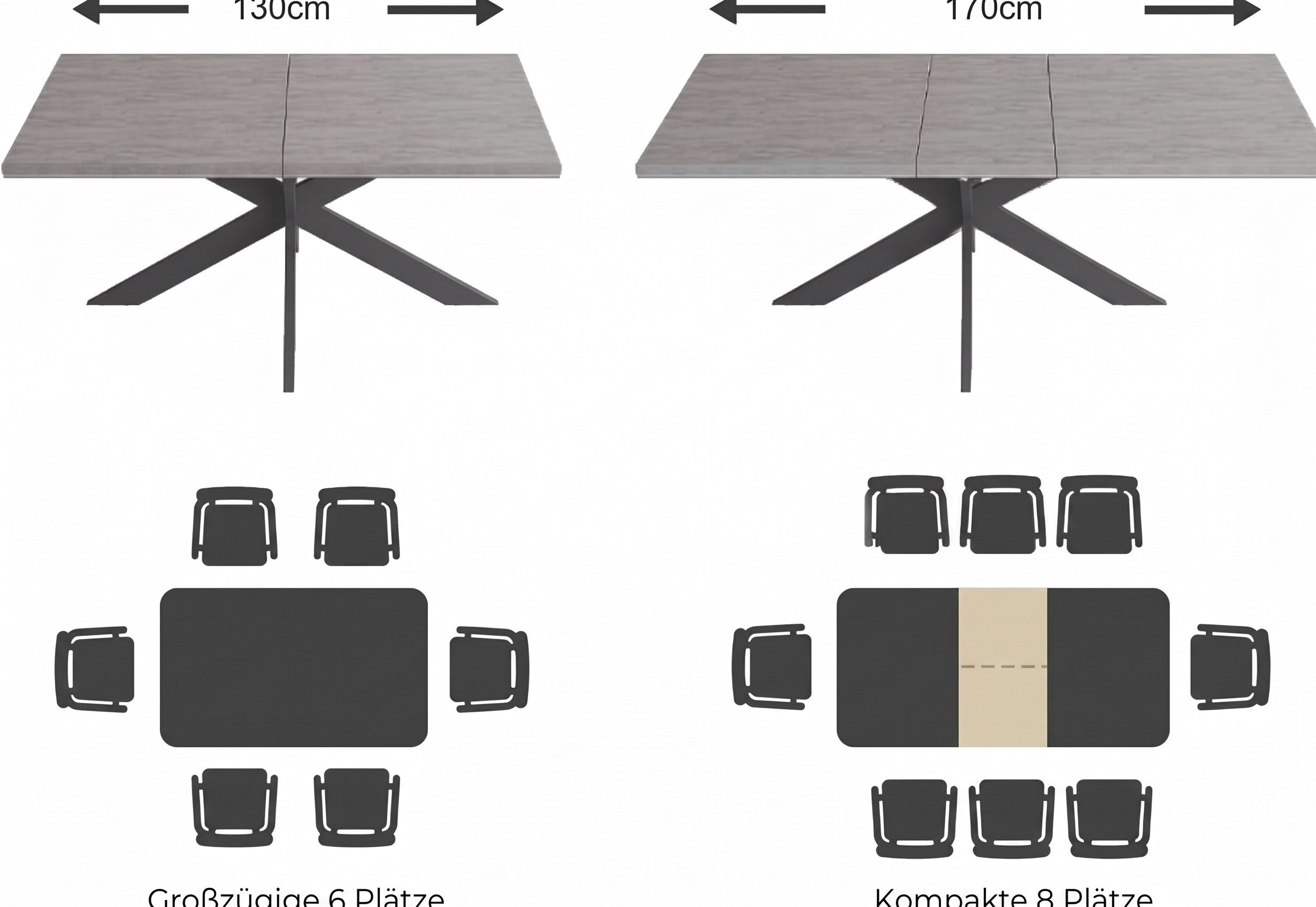 Jiexi Essgruppe Essgruppe: Ausziehtisch 130-170cm, X-Gestell, 4-6 Samtstühle – Bild 3 von 5