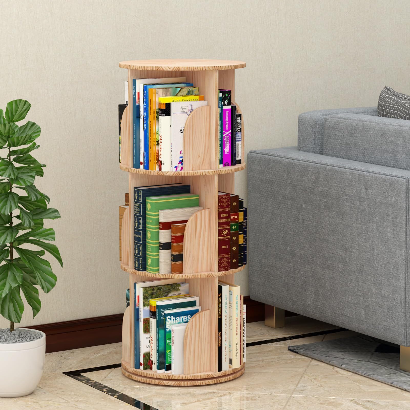 GarveeMore Bücherregal 360 Grad drehendes Bücherregal massives Holz stehendes Regalboden – Bild 2 von 5