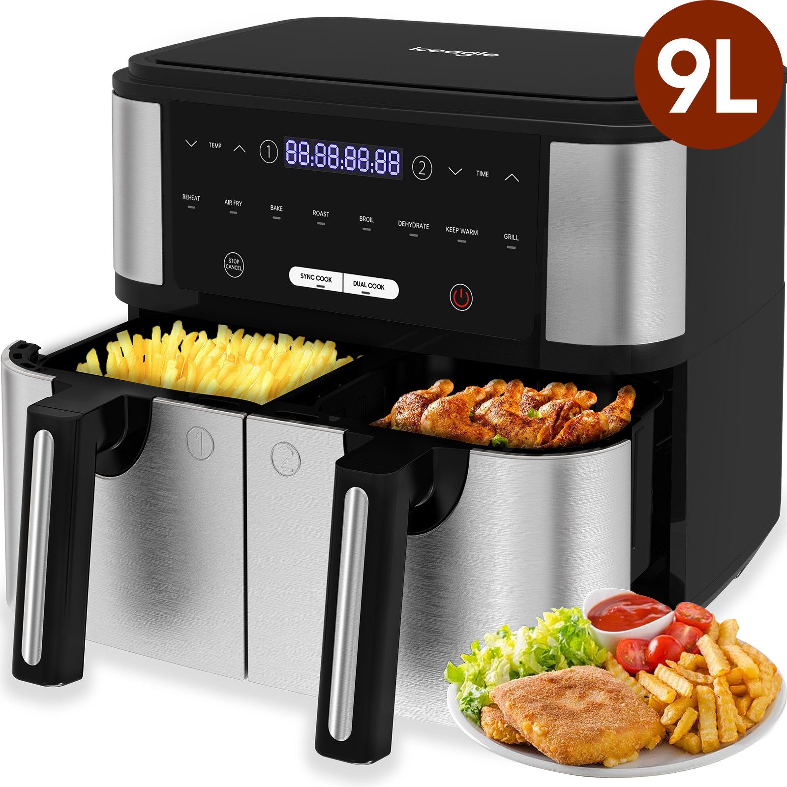 iceagle Heißluftfritteuse KDF-5515 Dual Zone Heißluftfritteuse 9L mit 2 kammern, Airfryer, 2600,00 W, 8 Garverfahren, 4.5L+4.5L