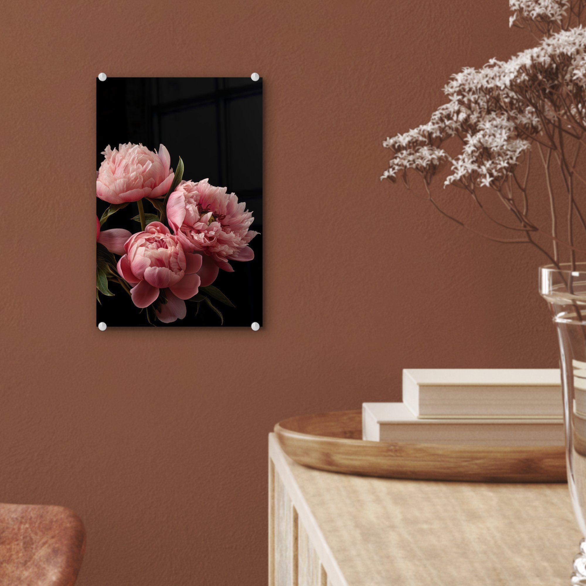 Acrylglasbild St), Rosa auf Foto - Blumen MuchoWow auf Glas Wandbild Natur, - - Wanddekoration (1 Bilder Glasbilder Botanisch - Glas Pfingstrose - - -