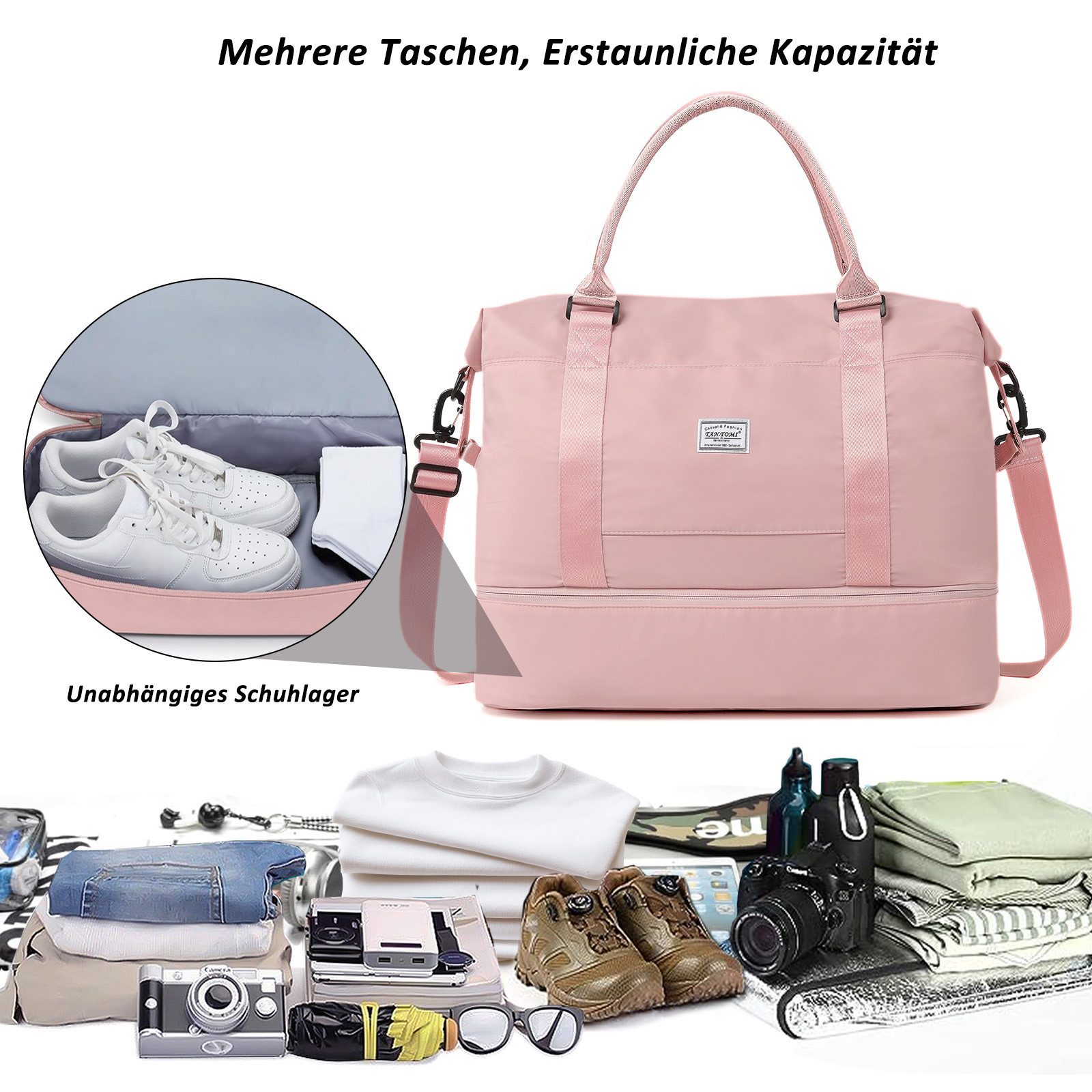 TAN.TOMI Reisetasche Wasserdichter Reise-Seesack - Tragetasche, Sporttasche, Schultertasche (Erweiterbar mit Trolley-Ärmel und Nasstasche), Wochenendtasche für Damen und Herren - Krankenhaus-Tasche