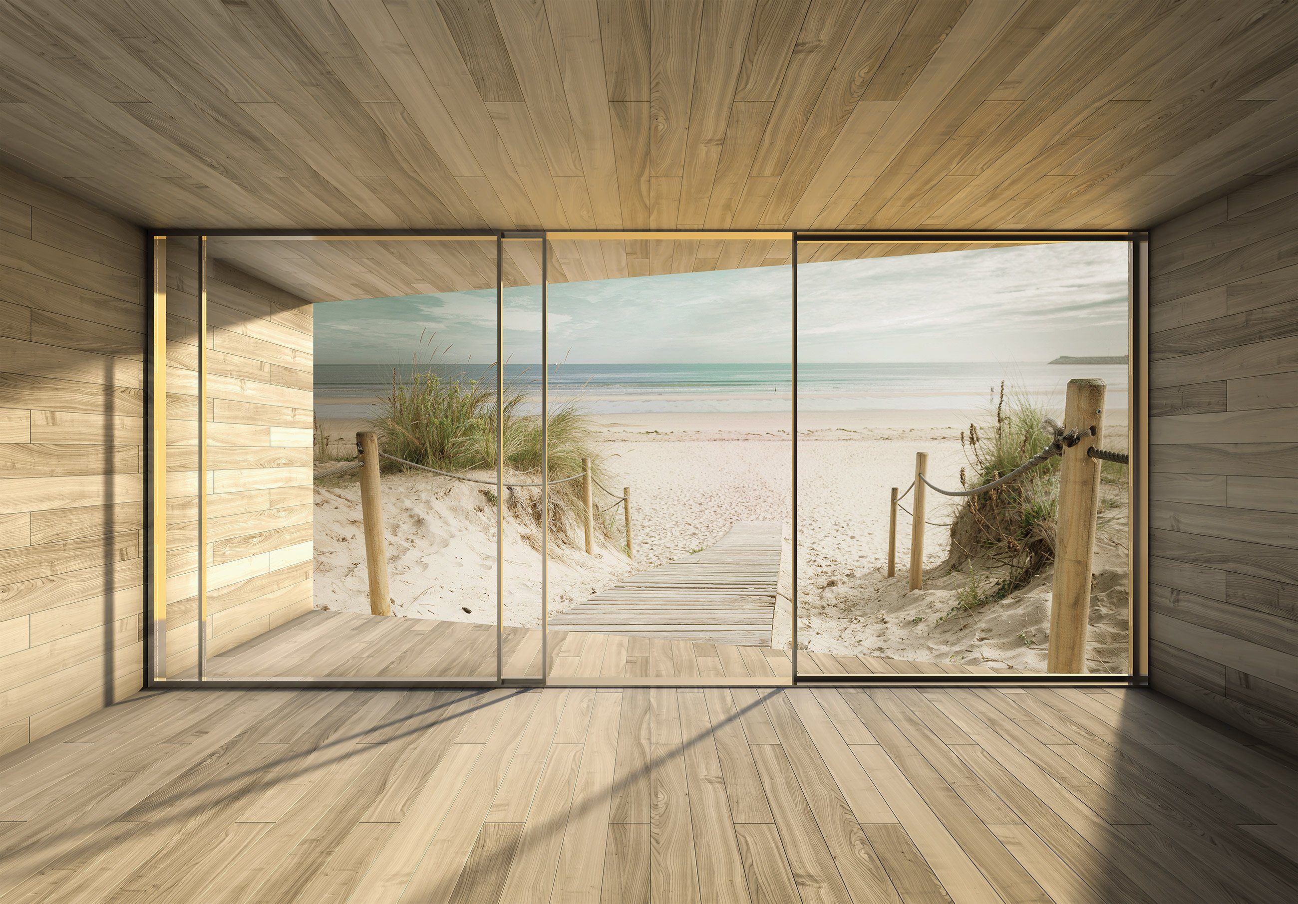 Wallarena Fototapete 3D EFFEKT Strand Meer Sand Panorama Natur Landschaft Fenster Vlies Tapete für Wohnzimmer oder Schlafzimmer Vliestapete Wandtapete Motivtapete, Glatt, 3D-Optik, Vliestapete inklusive Kleister