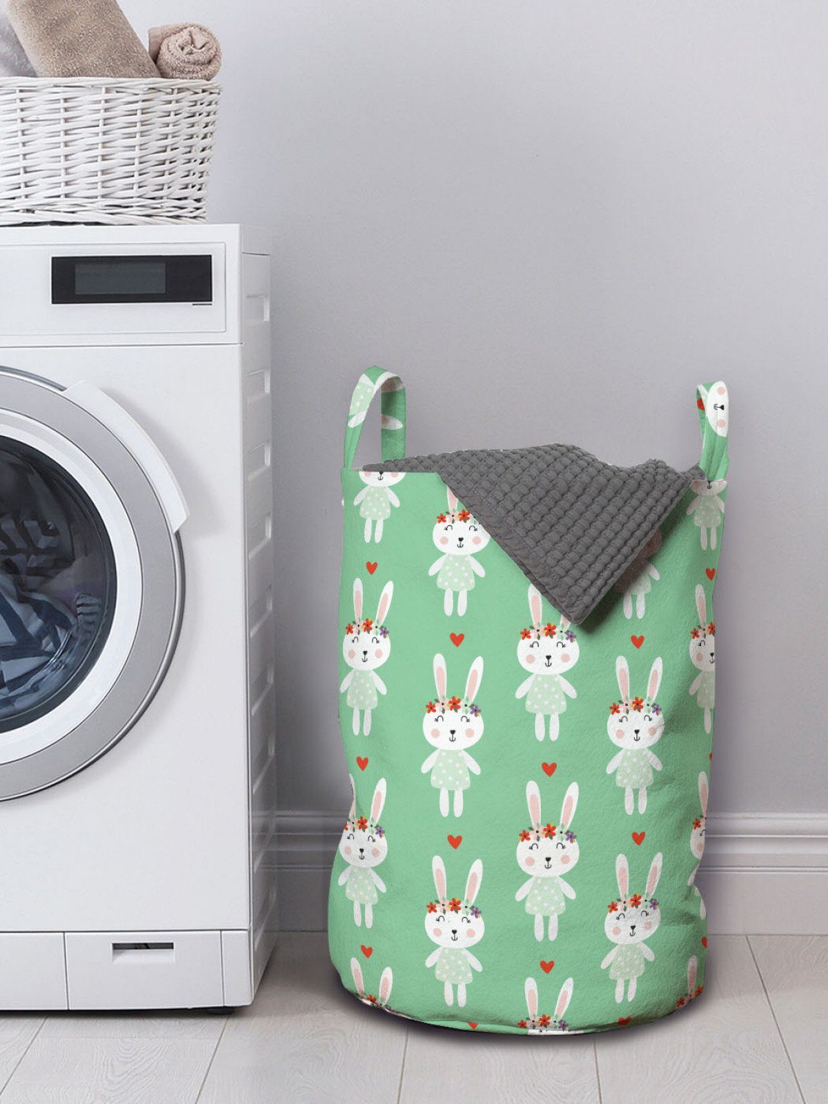 Kordelzugverschluss Hase mit Wäschekorb für Waschsalons, Wäschesäckchen Griffen Kaninchen-Blumen-Herz Abakuhaus