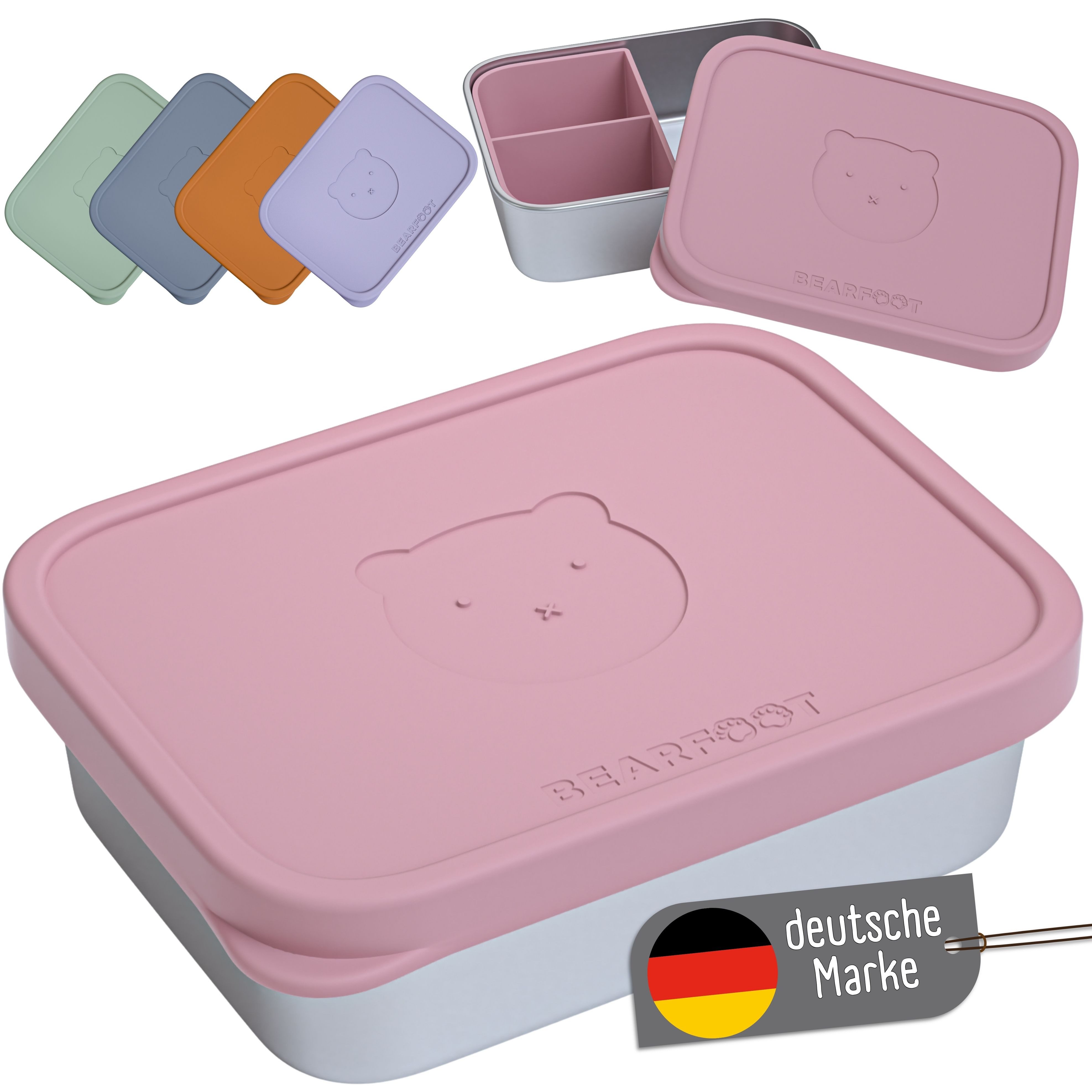 BEARFOOT Lunchbox Brotdose Kinder Edelstahl mit Silikoneinsatz - Rosa, Kindergarten und Schule - Mädchen und Jungen, Vesperbox, Snackbox