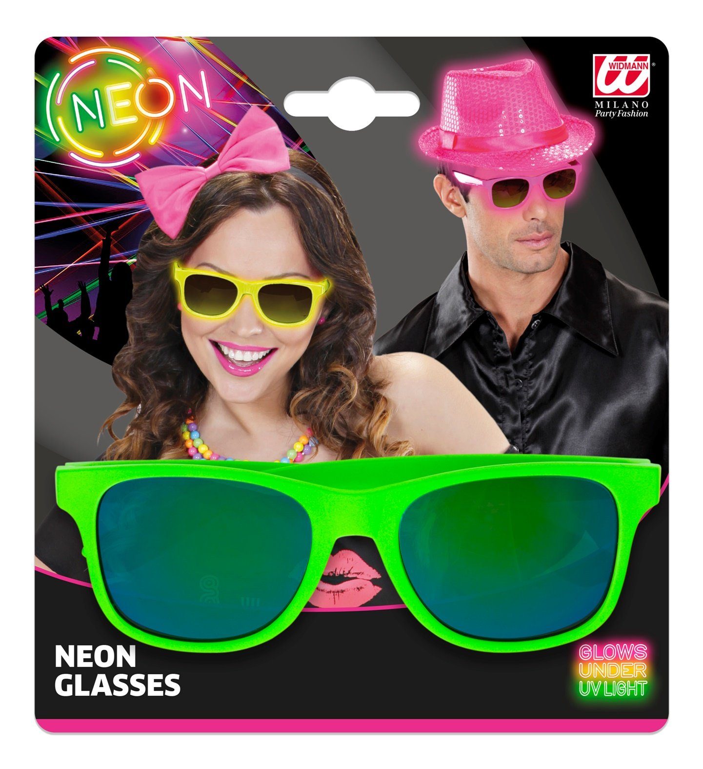 Widmann S.r.l. Verkleidungsmaske 80er Jahre Brille mit Revo Gläsern, Neon Grün