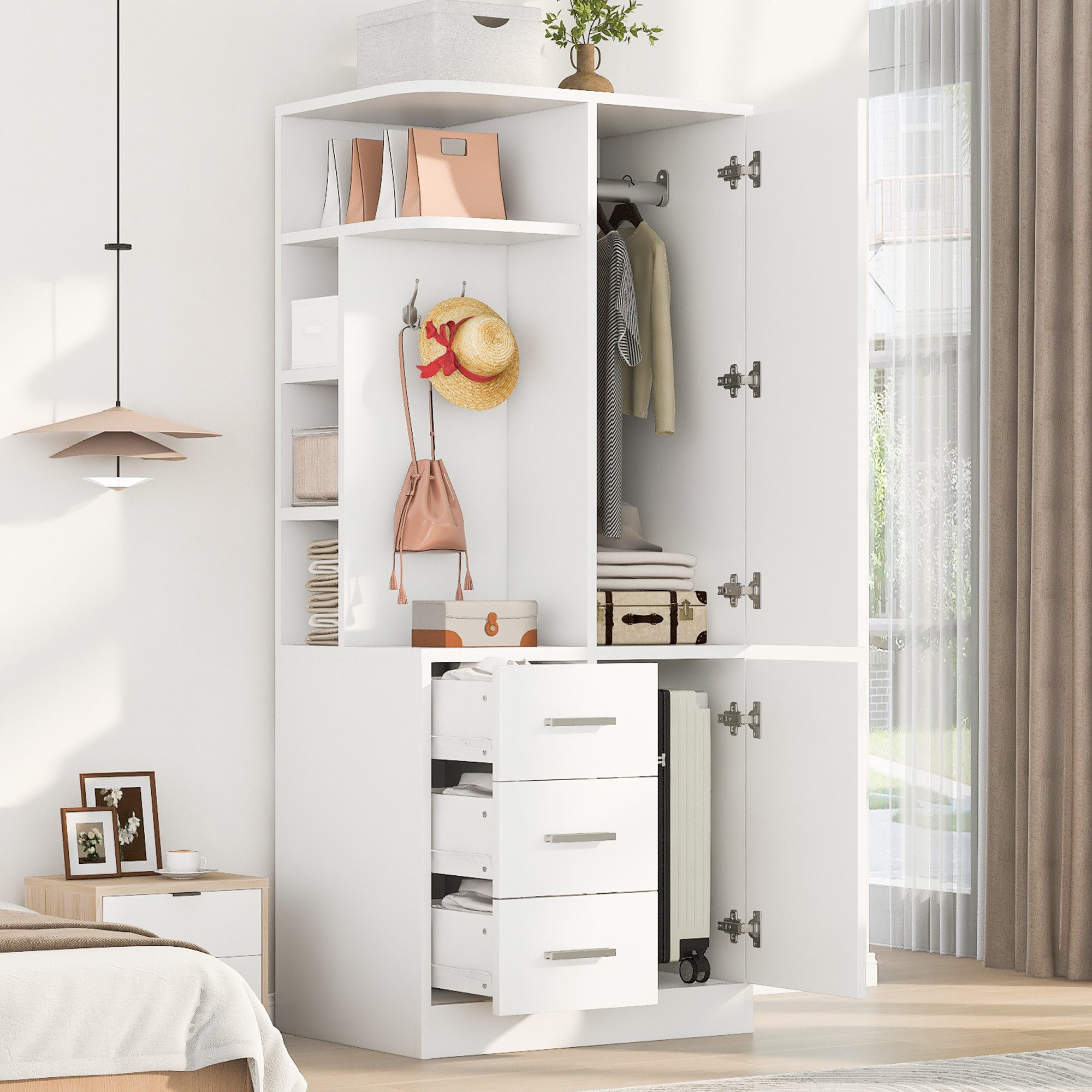 STILVORA Kleiderschrank Hochschrank mit mehreren Einlegeböden Highboard mit zwei Schubladen (Kleiderschrank, 1 Tür, Schubladen, Kleiderstange, offene Regale, geschlossene Fächer, Haken) für Schlafzimmer, Kinderzimmer, Gästezimmer, Ankleidezimmer