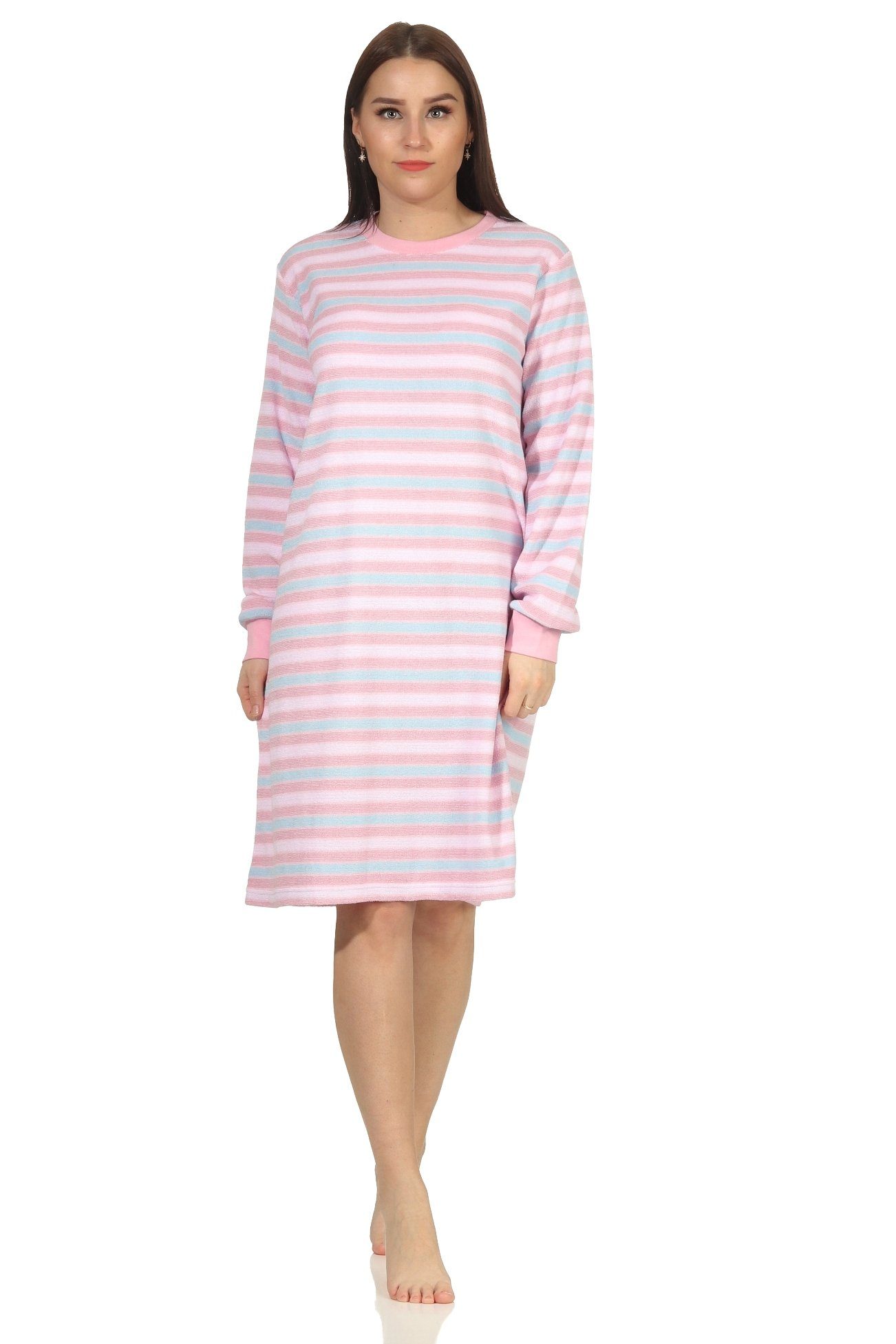 Creative by Normann Nachthemd Damen Frottee langarm Nachthemd mit Bündchen in Ringeloptik rosa