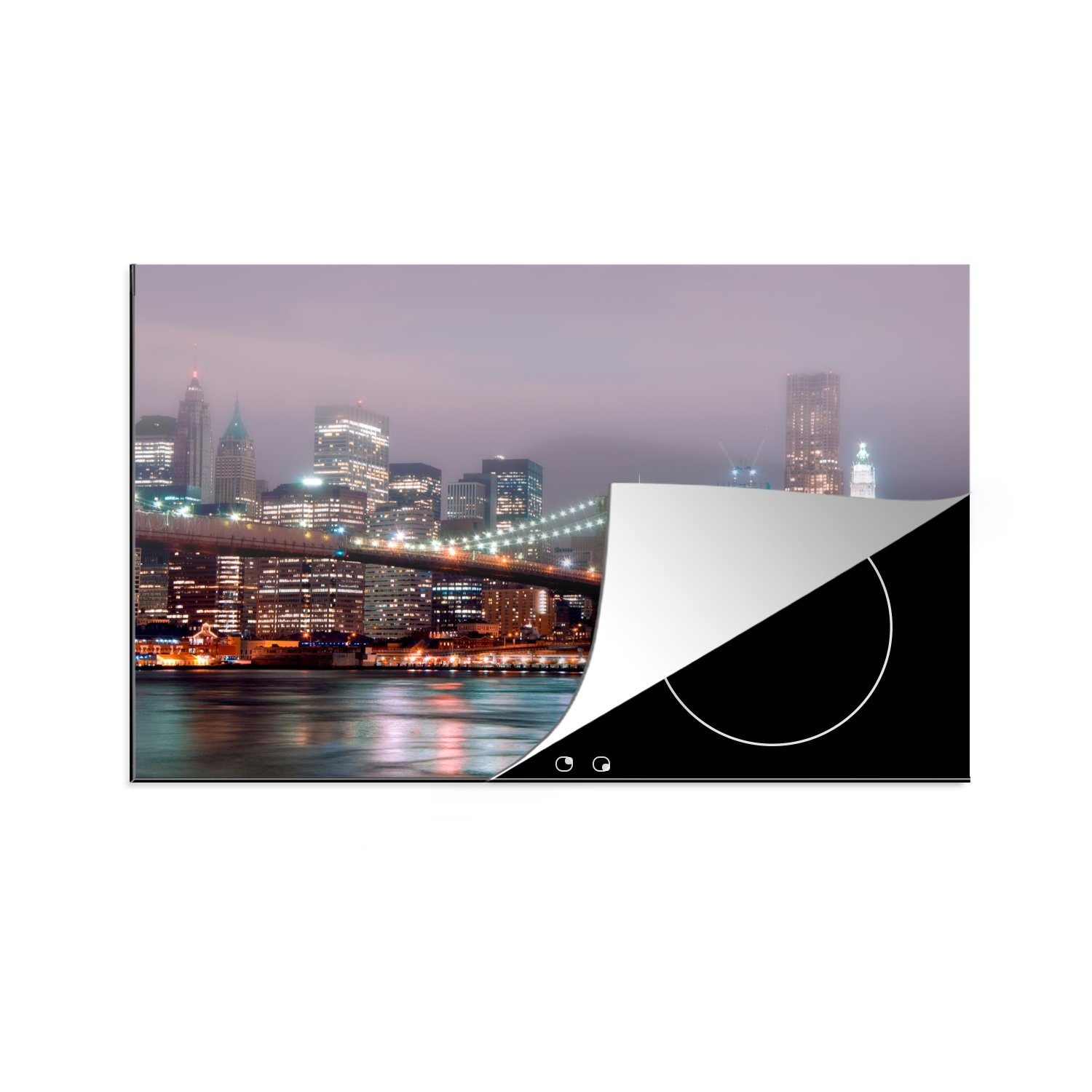 MuchoWow Herdblende-/Abdeckplatte Die Brooklyn Bridge in New York mit einer Spiegelung auf dem Wasser, Vinyl, (1 tlg), 81x52 cm, Induktionskochfeld Schutz für die küche, Ceranfeldabdeckung
