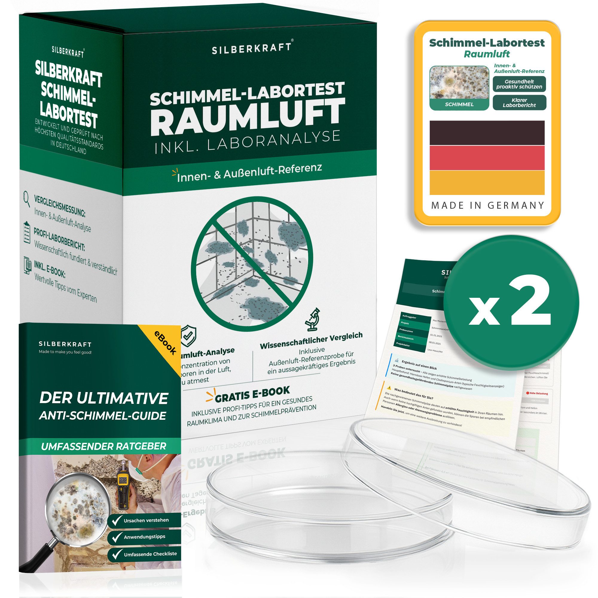 Silberkraft Schimmeltest Raumluft mit Laboranalyse & Außenluft-Vergleich Schimmelentferner (Schimmeltest mit Außenluft-Referenz, [2-St. Einfache Luftprobenahme, Umfassender Laborbericht Professionelle Gattungsbestimmung, Made in Germany)