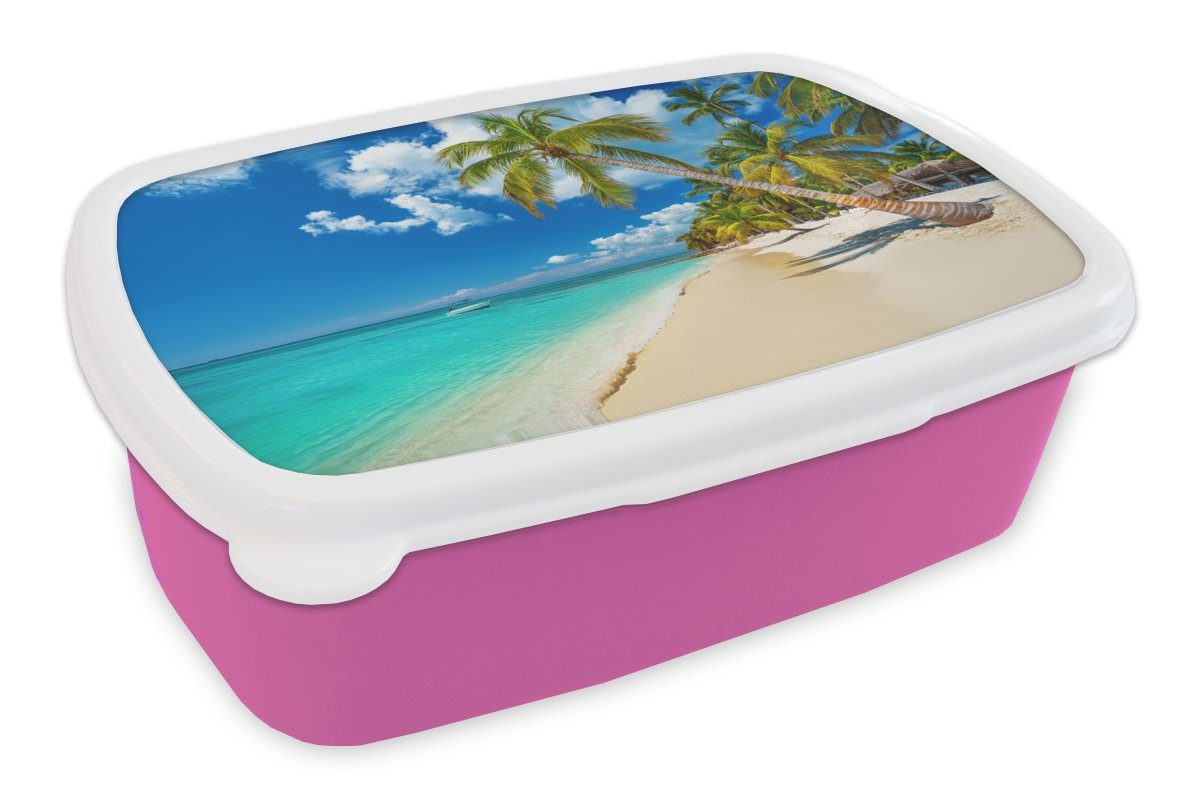 MuchoWow Lunchbox Strand - Meer - Boot - Palme, Kunststoff, (2-tlg), Brotbox für Erwachsene, Brotdose Kinder, Snackbox, Mädchen, Kunststoff rosa
