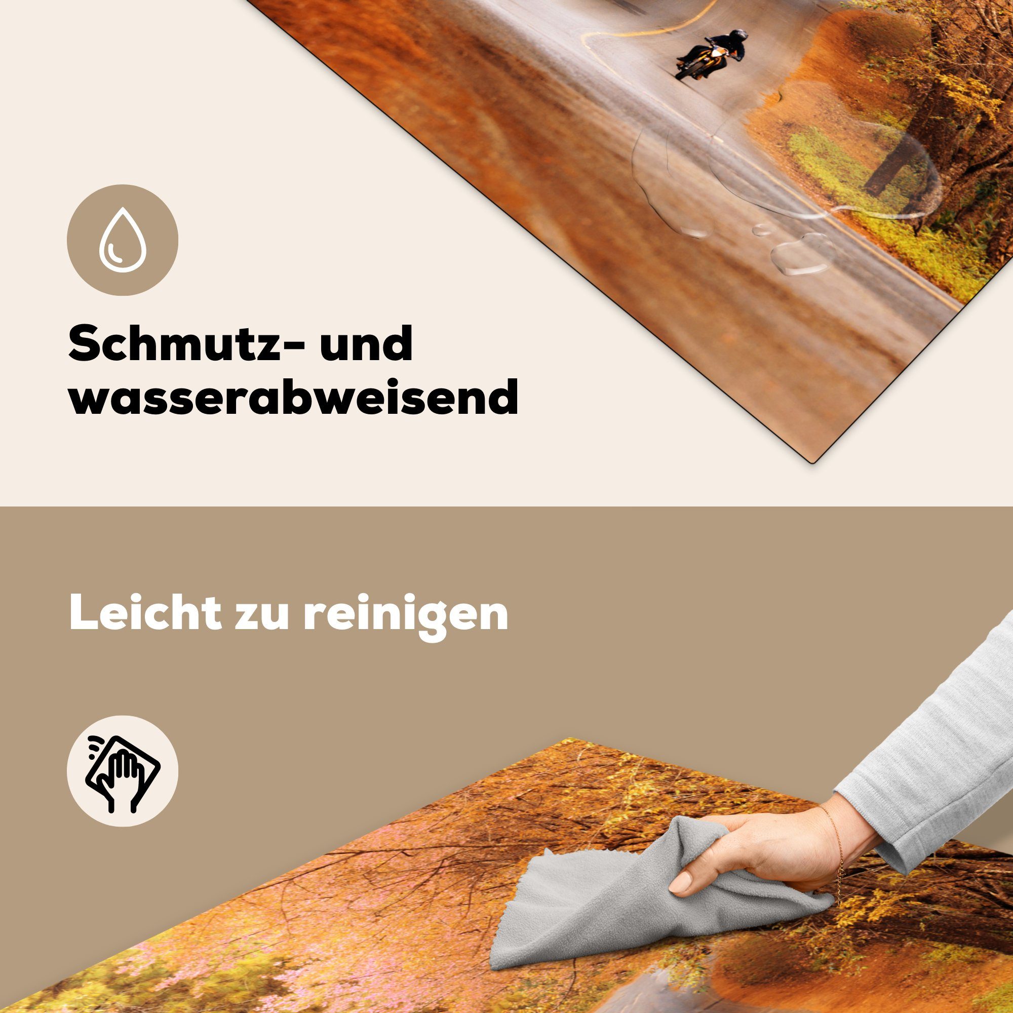 küche MuchoWow 78x78 für Ceranfeldabdeckung, Herdblende-/Abdeckplatte - tlg), (1 Motorrad cm, Straße Vinyl, Arbeitsplatte - Herbst,