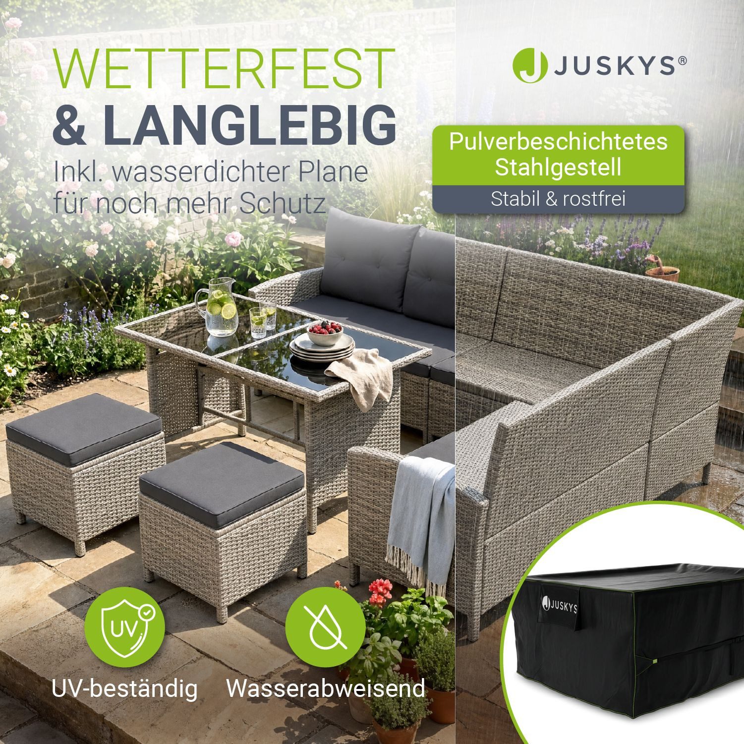 Juskys Gartenlounge-Set Manacor, (Gartenlounge), Polyrattan Gartenmöbel-Set mit Sofa, Tisch und Hocker inkl. Abdeckung