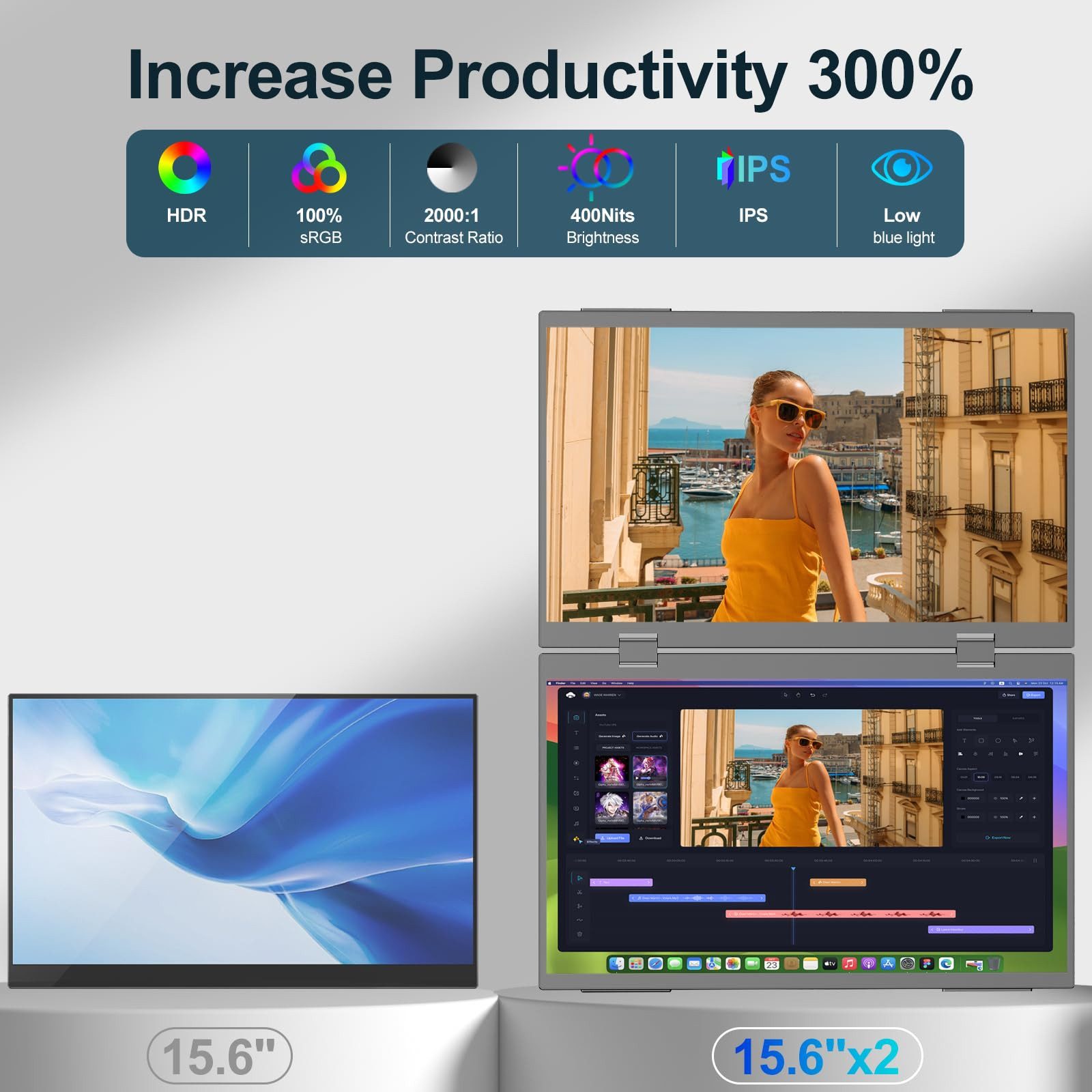 Bundviel Faltbarer tragbarer Doppel-Monitor 15,6" FHD IPS Triple-Visualisierung Portabler Monitor (40 cm/15.6 ", 1920 x 1080 px, FHD, 3 ms Reaktionszeit, 60 Hz)
