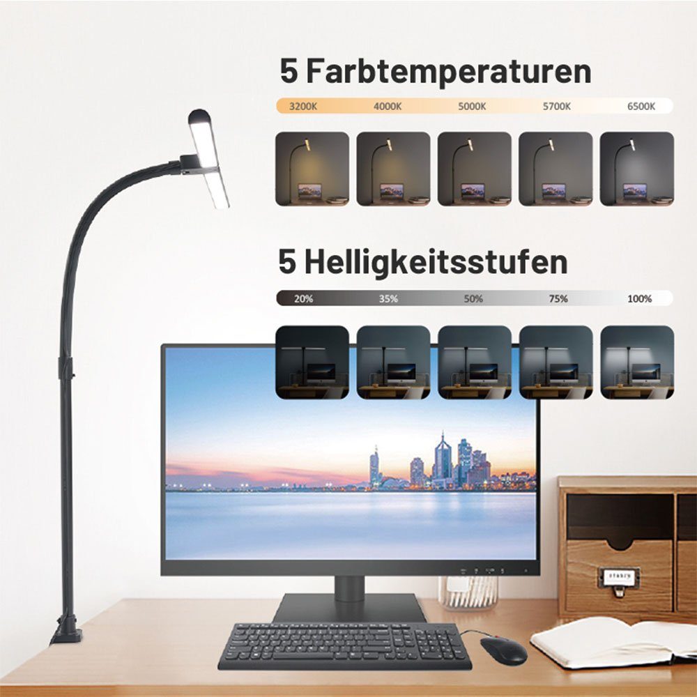MUPOO LED Schreibtischlampe Led Tischleuchte, 24W, 360 Grad einstellbar, Doppelkopf drehbar, 80cm 168LEDs, Fernsteuerung/Tastensteuerung, USB, Memory