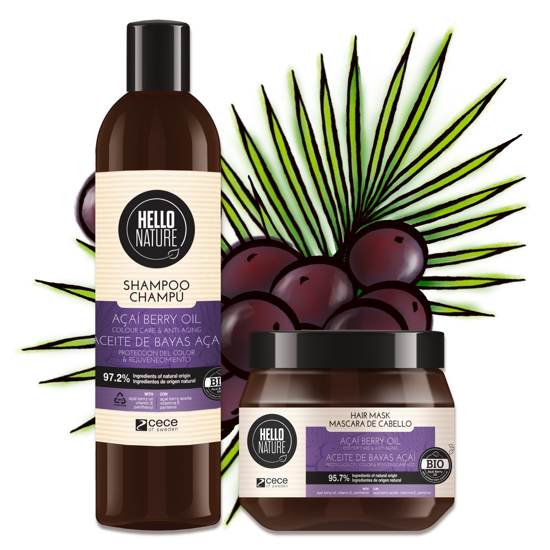 Hello Nature Haarpflege-Set Haarkur Haar Shampoo Conditioner Haarmaske Set Acai Beere Bio Vegan, Haarpflege, Haarkur, Haarmaske, Conditioner