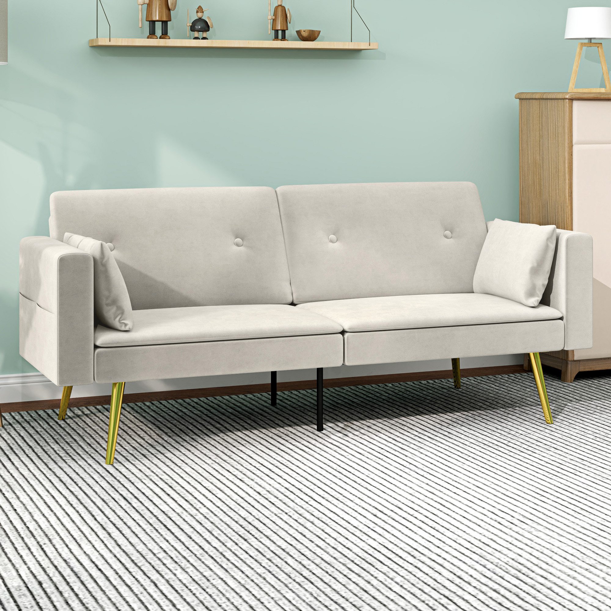HOMCOM Schlafsofa mit Verstellbar Rückenlehne, Seitentasche, 2er-Sofa 1 Teile, für Wohnzimmer, Schlafzimmer, Beige