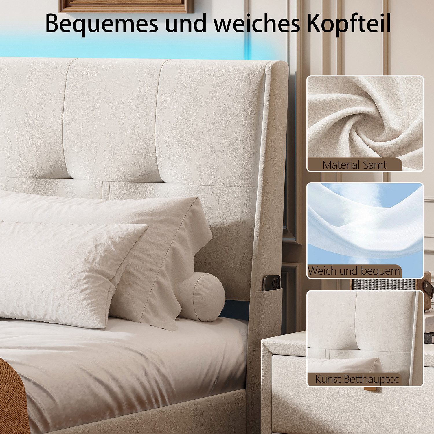 zebery Stauraumbett Polsterbett Doppelbett Mit hydraulischer Funktion (Packung, 1-tlg., Mit Bettkasten), 140x200 cm,LED-Leuchten,Kopfteil und Bettgestell,Samt,Beige