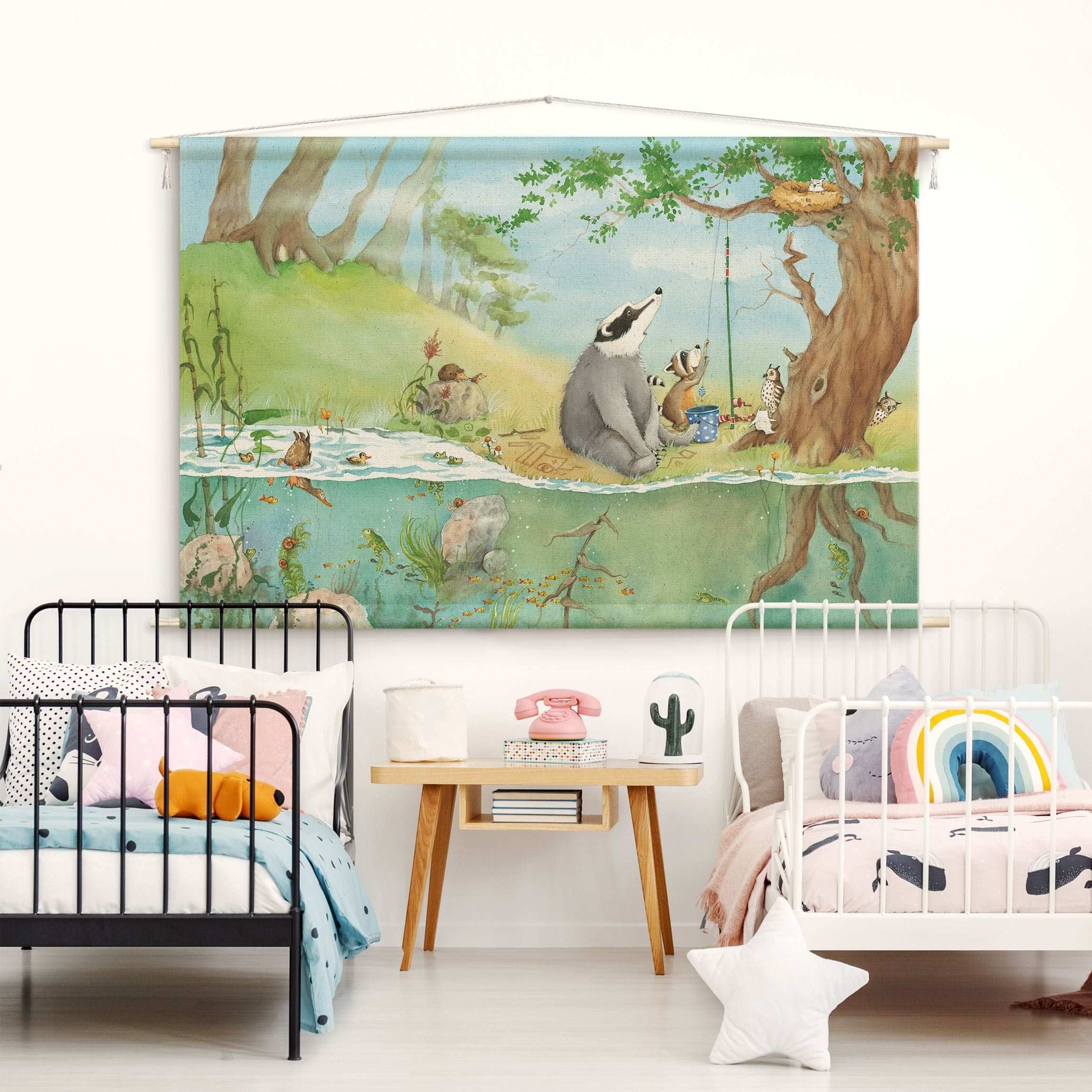Bilderdepot24 Wandteppich Kinderzimmer modern Wald Aquarell Natur türkis, rechteckig, Höhe: 2.6 mm, großes Wandbild aus Natur-Baumwolle Wandbehang Stoffbild Tuch Wollseil