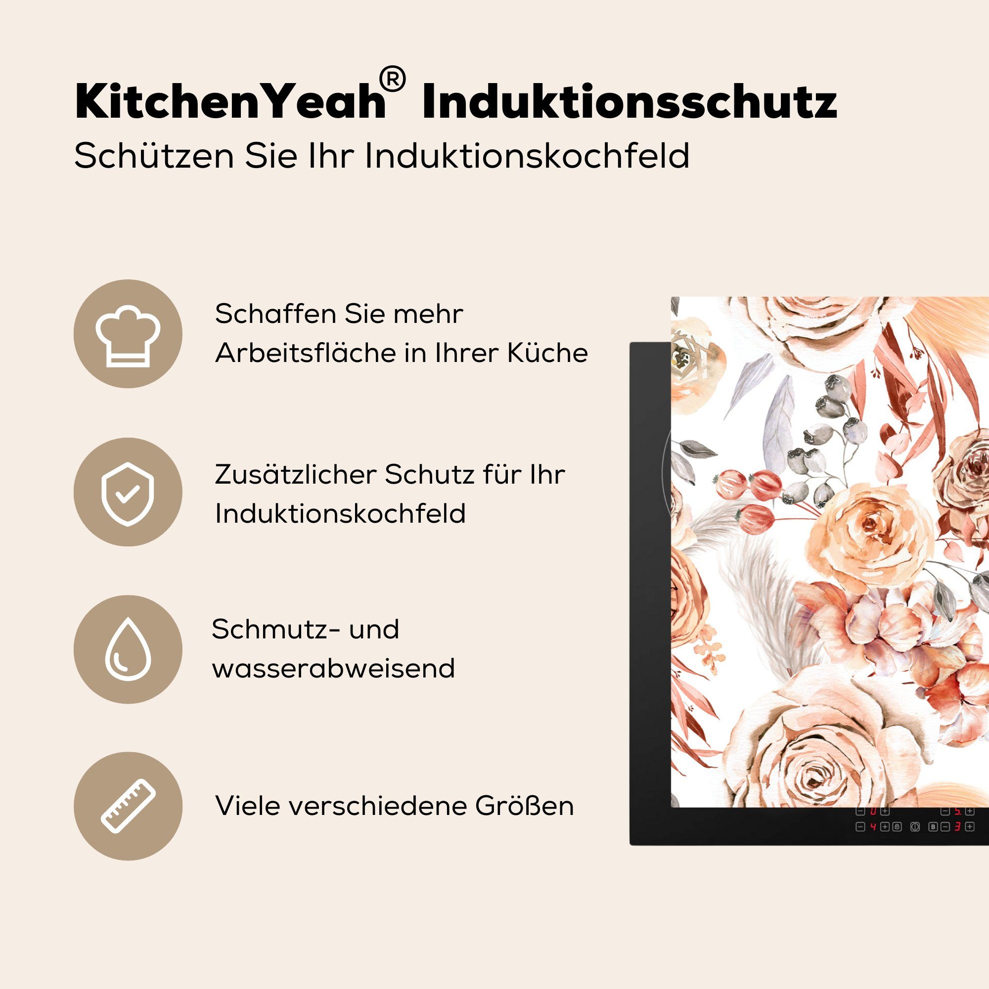 küche, - cm, Ceranfeldabdeckung Induktionskochfeld Rosen Boho tlg), (1 Vinyl, MuchoWow - die Schutz für Herdblende-/Abdeckplatte Muster, 81x52
