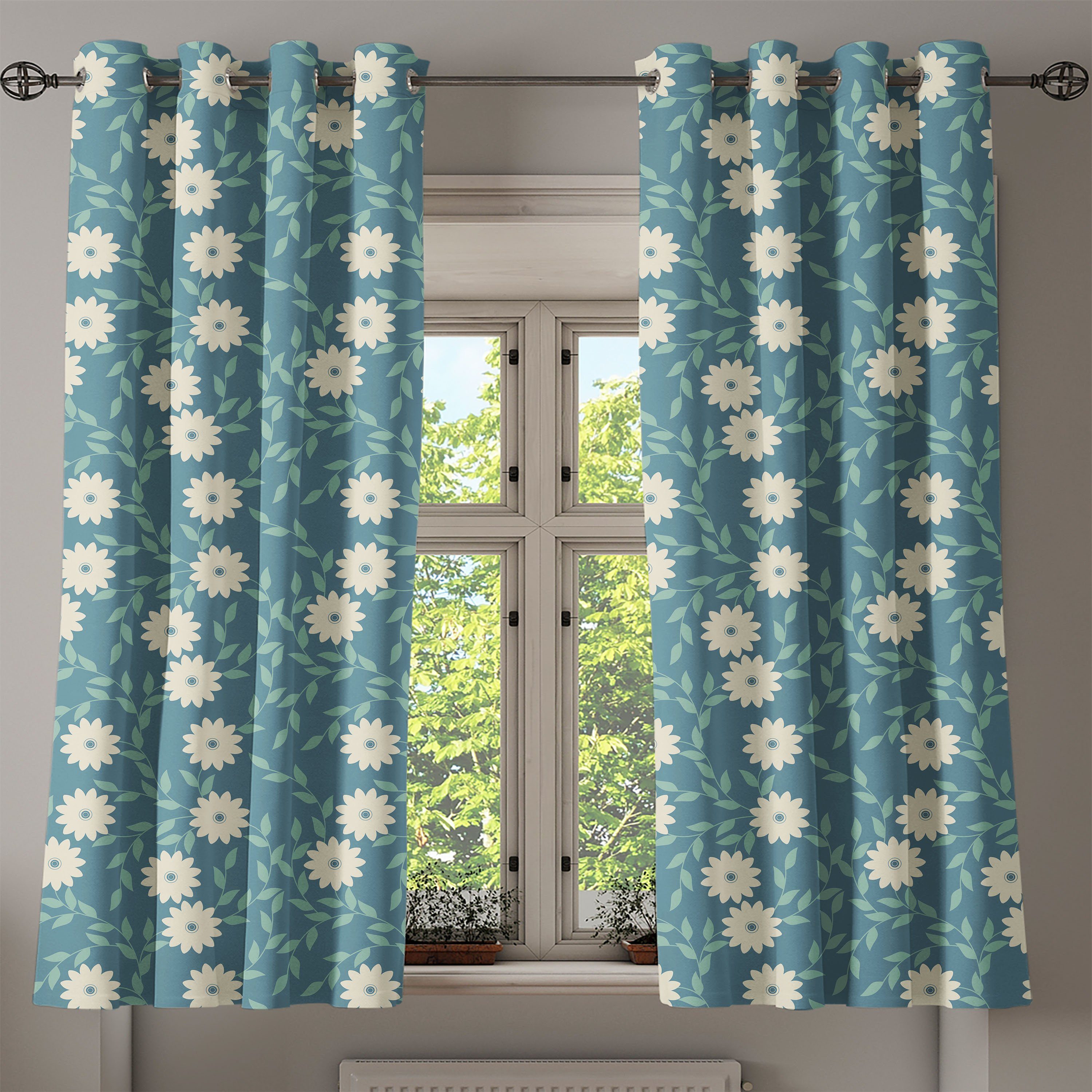 für feminine Blau Gardine Wohnzimmer, Blumen Dekorative Schlafzimmer und Elfenbein Abakuhaus, 2-Panel-Fenstervorhänge