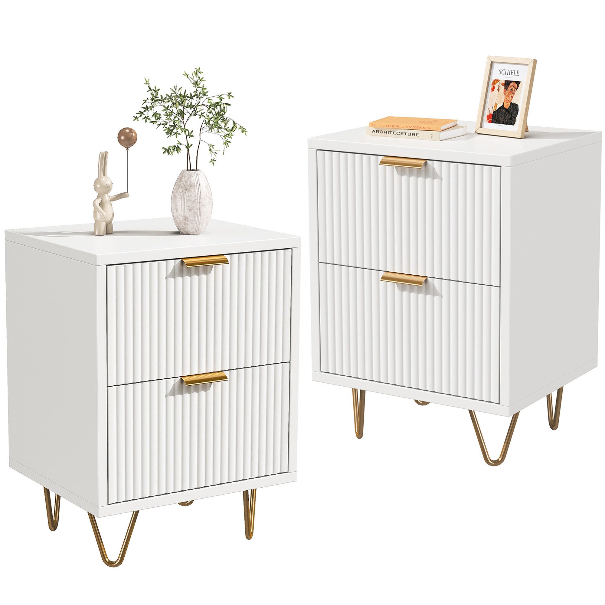 zebery Nachttisch Nachtschrank mit 2 Schubladen (Set, 2-St), 40x40x55 cm,2er-Packung,Metallgriffe und Stützbeine,Weiß