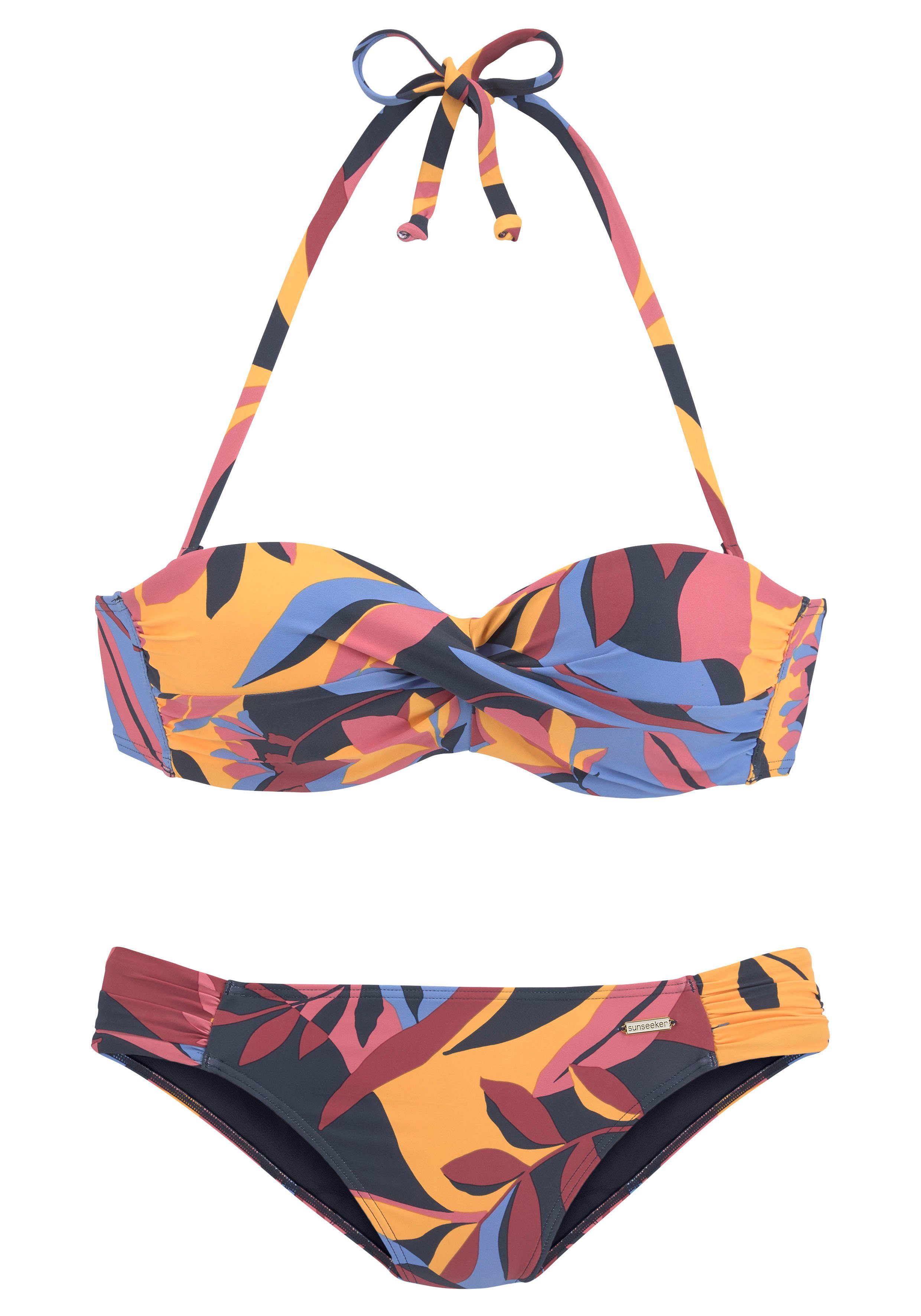 Bügel-Bandeau-Bikini marine-rostrot Sunseeker mit Blätterdruck