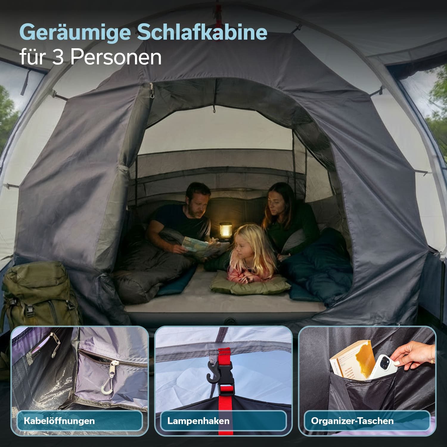 Skandika Tunnelzelt Campingzelt Isken 3 Protect, 3 Personen, eingenähter Boden, Personen: 3 (3000 mm Wassersäule, Canopy, Organizer-Taschen in der Kabine, UPF 50), Moskitonetz an der Eingangstür, an den Fenster und der Kabinentür