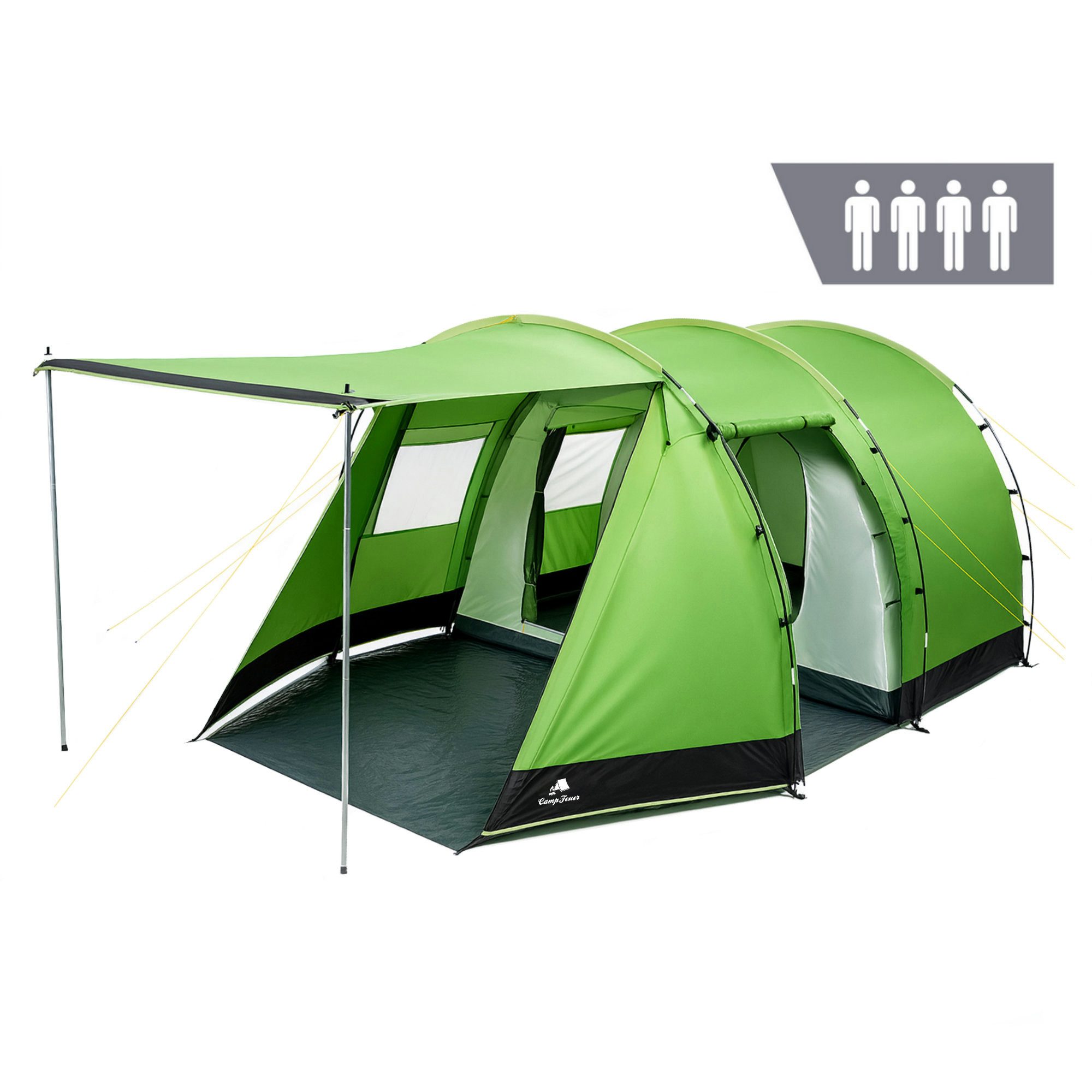 CampFeuer Tunnelzelt Zelt Super+ für 4 Personen, Grün / Schwarz, XXL Tunnelzelt, Personen: 4