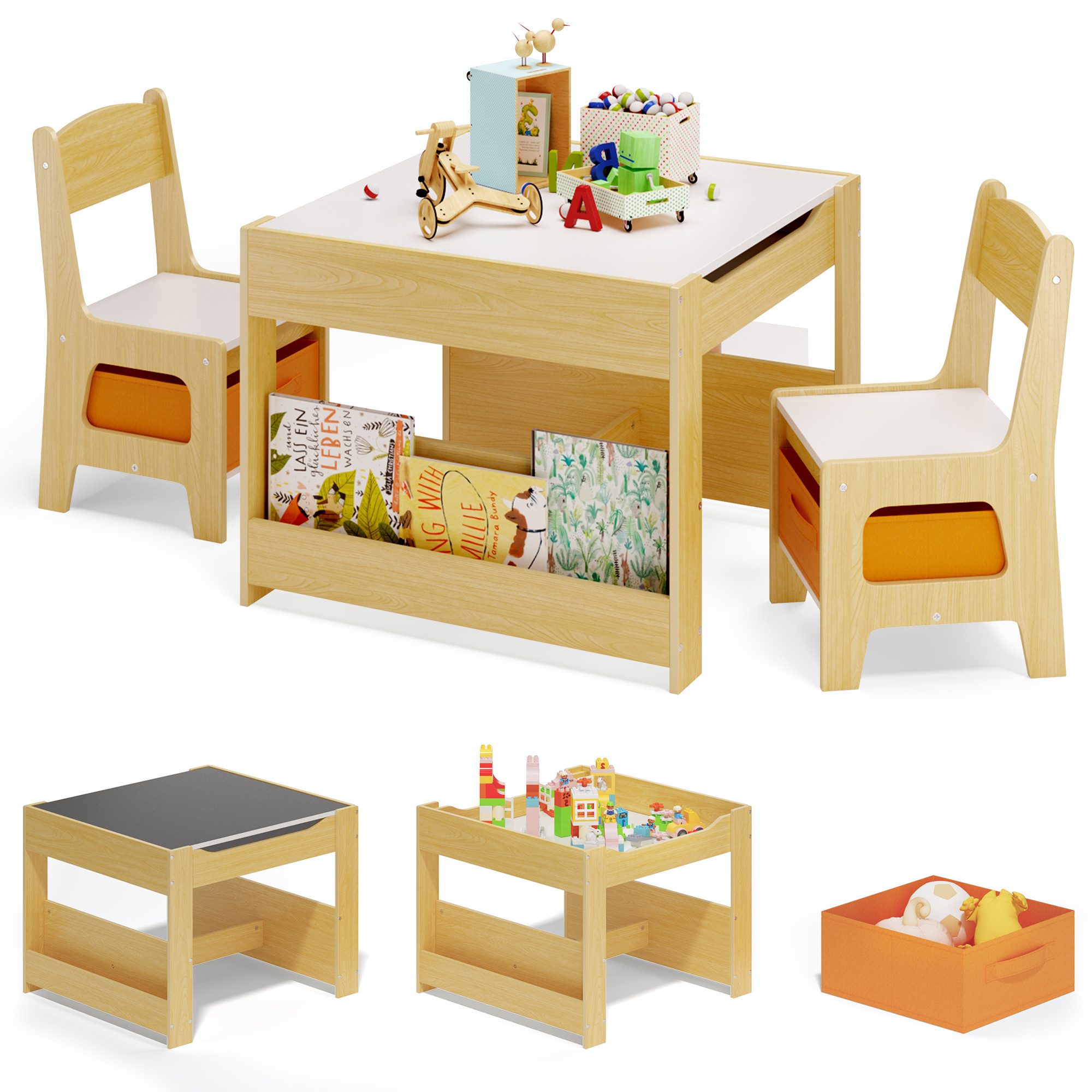 Bealife Kindersitzgruppe Kindertisch mit 2 Stühlen, (3-tlg., Kindertisch mit 2 Stühlen), Umklappbare Tischplatte