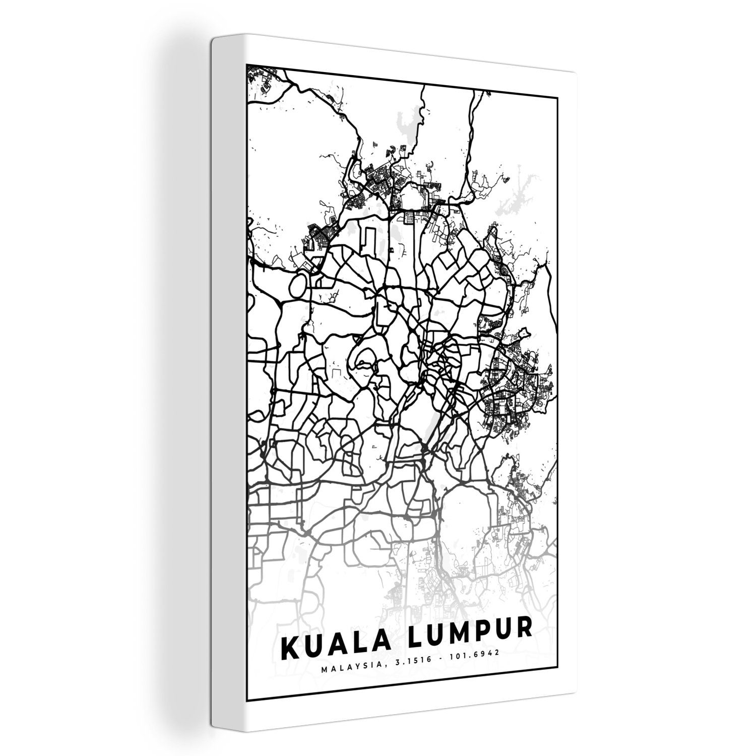 OneMillionCanvasses® Leinwandbild Kuala Lumpur Leinwandbild cm - weiß, St), und bespannt Schwarz Stadtplan Gemälde, fertig inkl. (1 - 20x30 Zackenaufhänger, - Karte