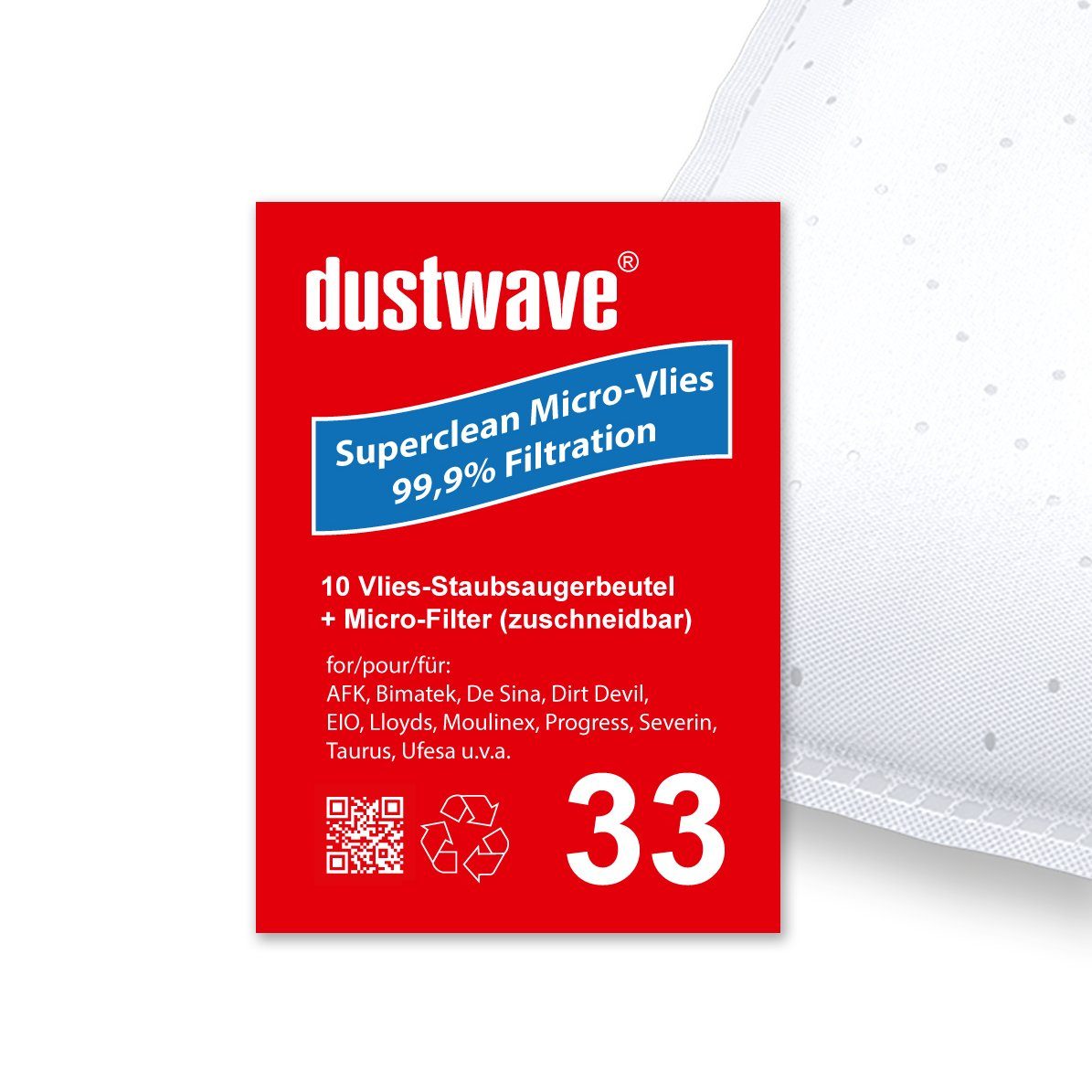 Dustwave Staubsaugerbeutel Sparpack, passend für Base BA 1750, 10 St., Sparpack, 10 Staubsaugerbeutel + 1 Hepa-Filter (ca. 15x15cm - zuschneidbar)