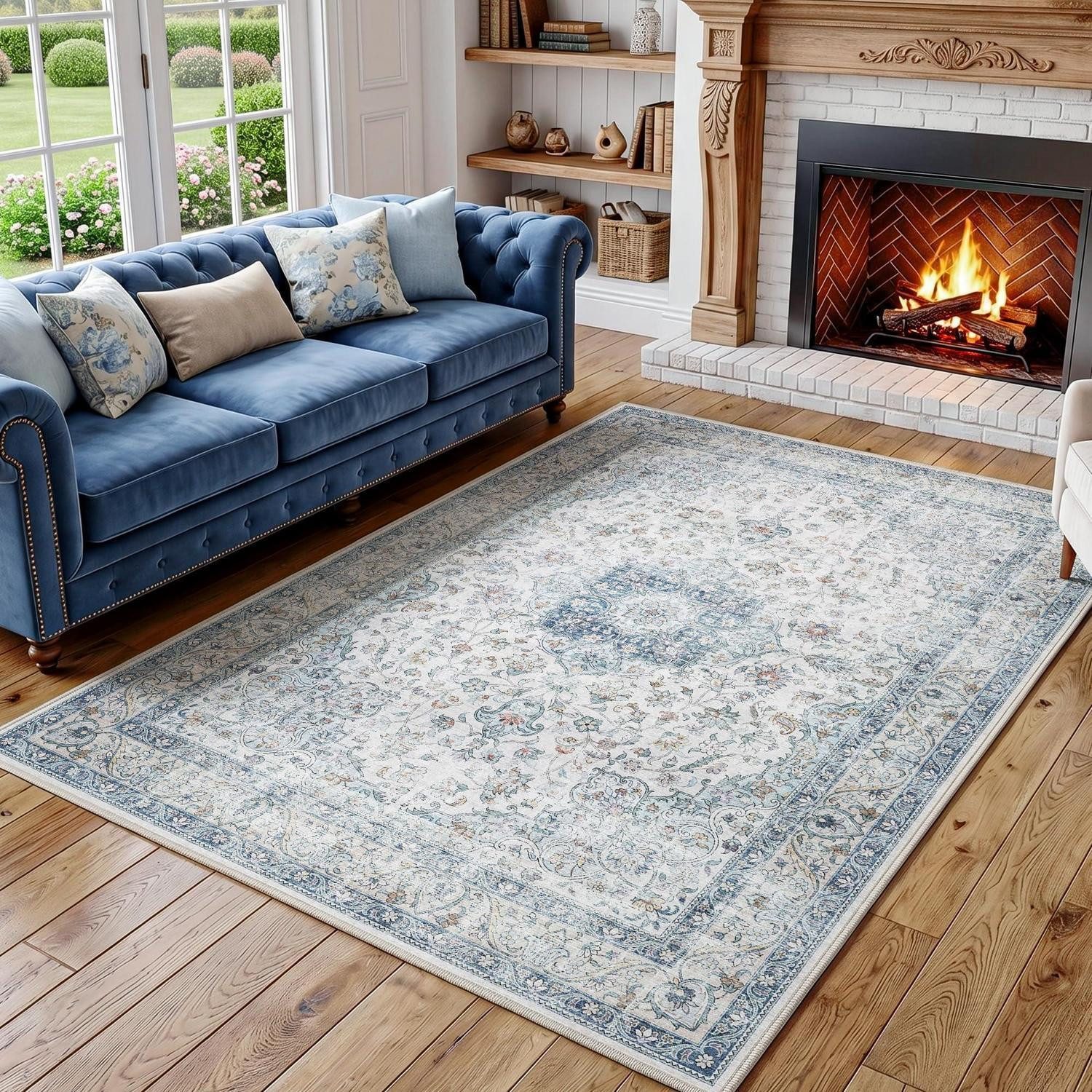 LuxusKollektion Teppich Waschbarer Vintage Teppich Blau 120x170, rechteckig, Höhe: 10 mm