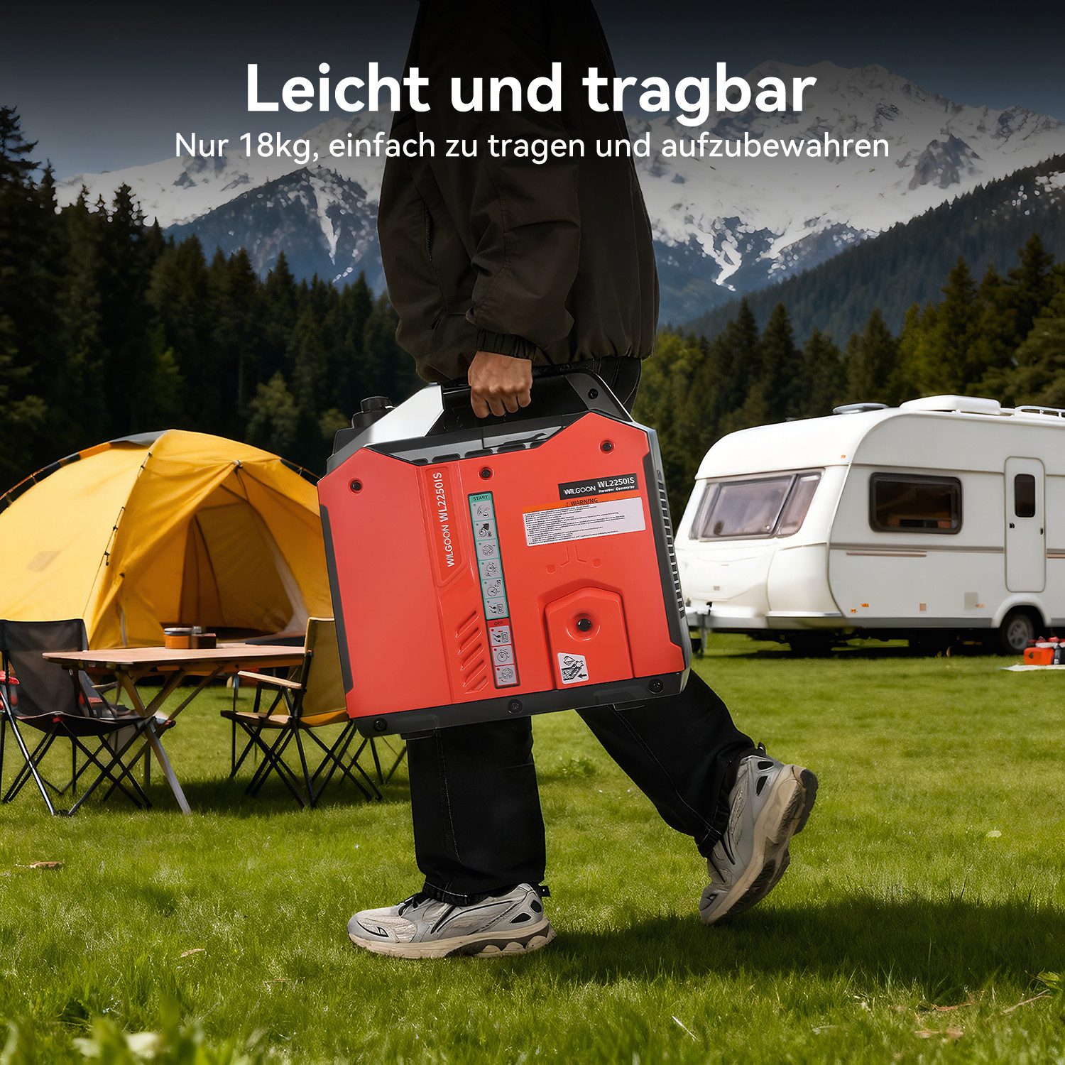 WILGOON BS2250IS 4-Stroke Quiet Generator, Inverter Generator, 2000W (2 kW), 79.8 cm³, Petrol Generator with 230V Socket for Camping and Motorhomes