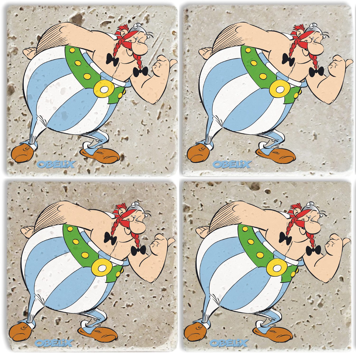 LuckyLinde Getränkeuntersetzer Obelix Motiv Fliesen Steine, Set, 4-tlg., Asterix Set Topfuntersetzer Naturstein Untersetzer 10x10x1cm