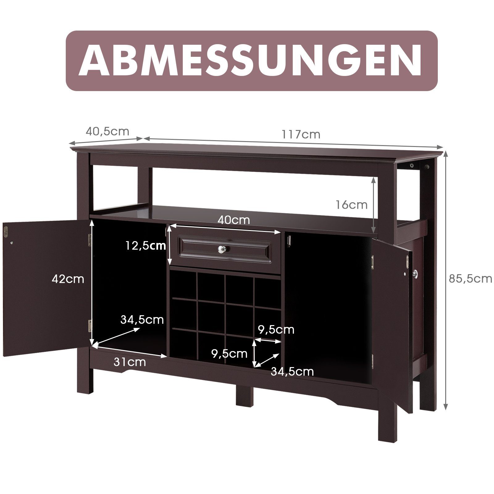 COSTWAY Konsolentisch, mit Türen&Schubladen, für 117cm 12 Braun Fächern, Weinregal