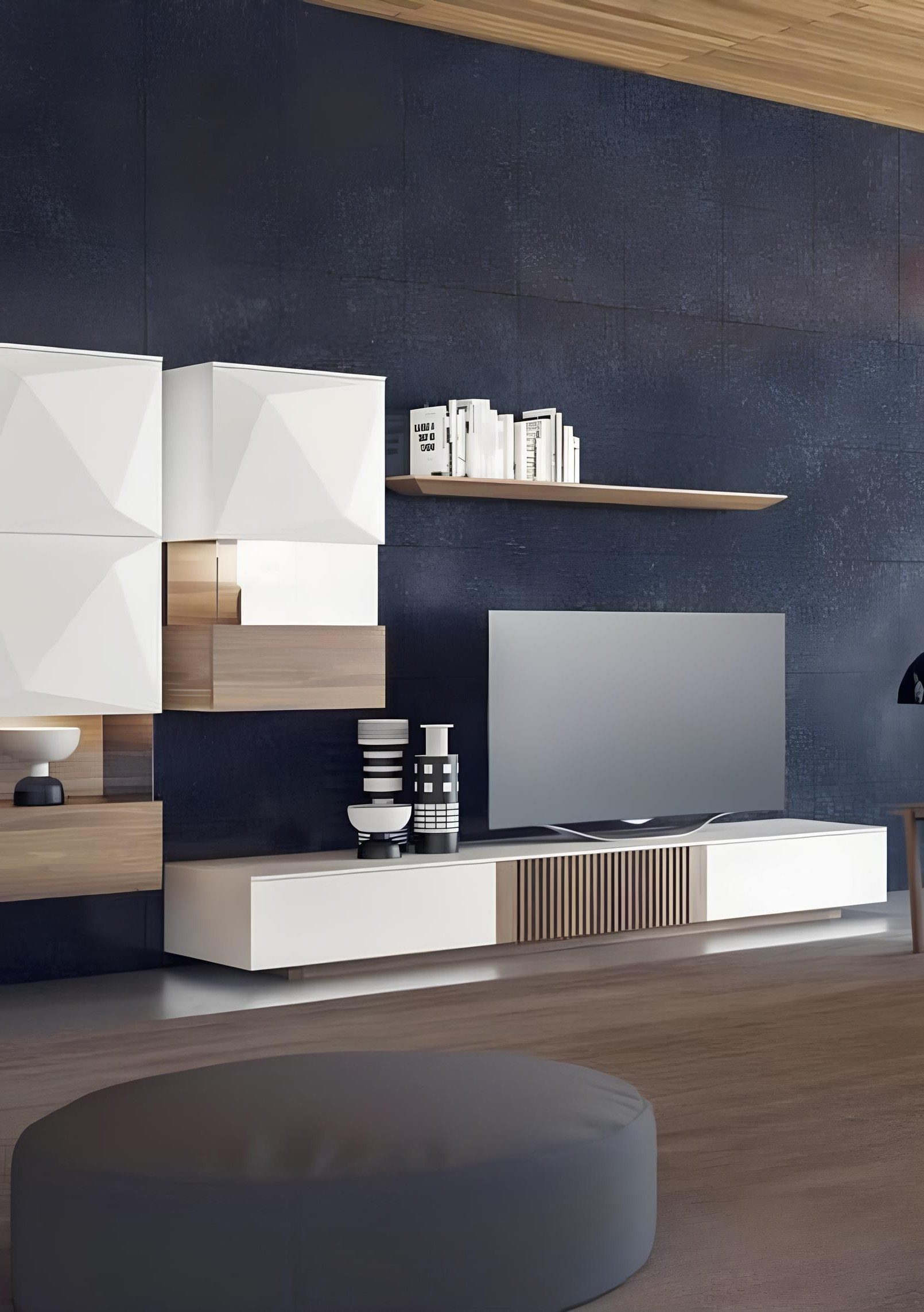 Xlmoebel Sideboard Luxus Wohnwand Walnuss natur mit TV-Ständer und Wandregalen (Wohnwand, TV-Ständer mit Schrank und 2 Wandregalen), Made in Europa