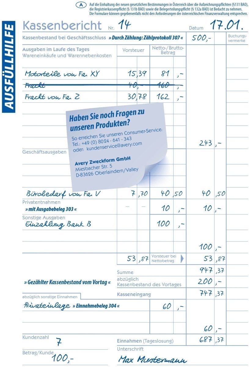 Formularblock Formularbuch Kassenbericht A5 VE=50 Blatt mit Ausfüllhilfe