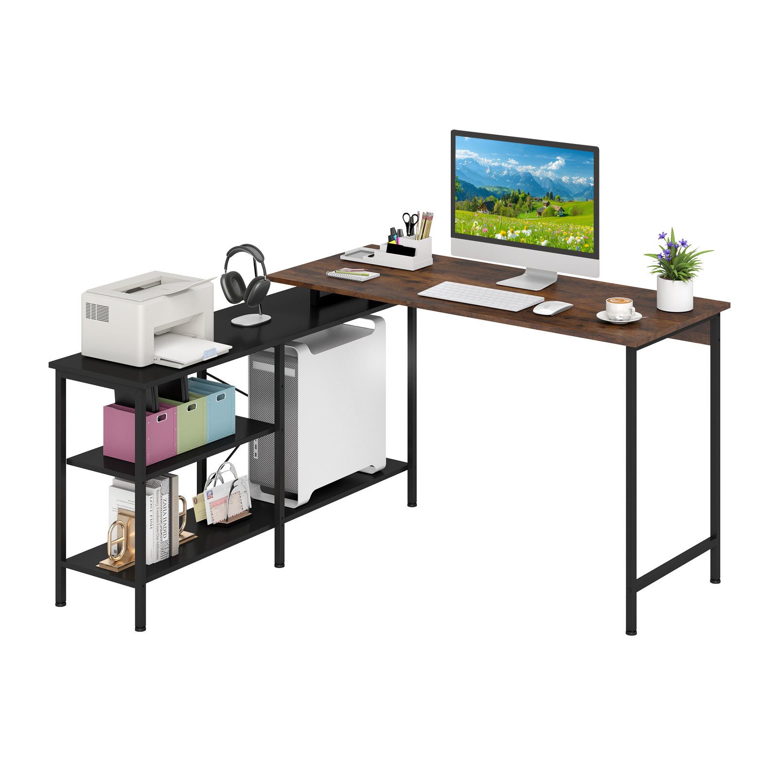 COSTWAY Schreibtisch, L-förmig wendbar Eckschreibtisch mit Regalen & CPU-Ständer