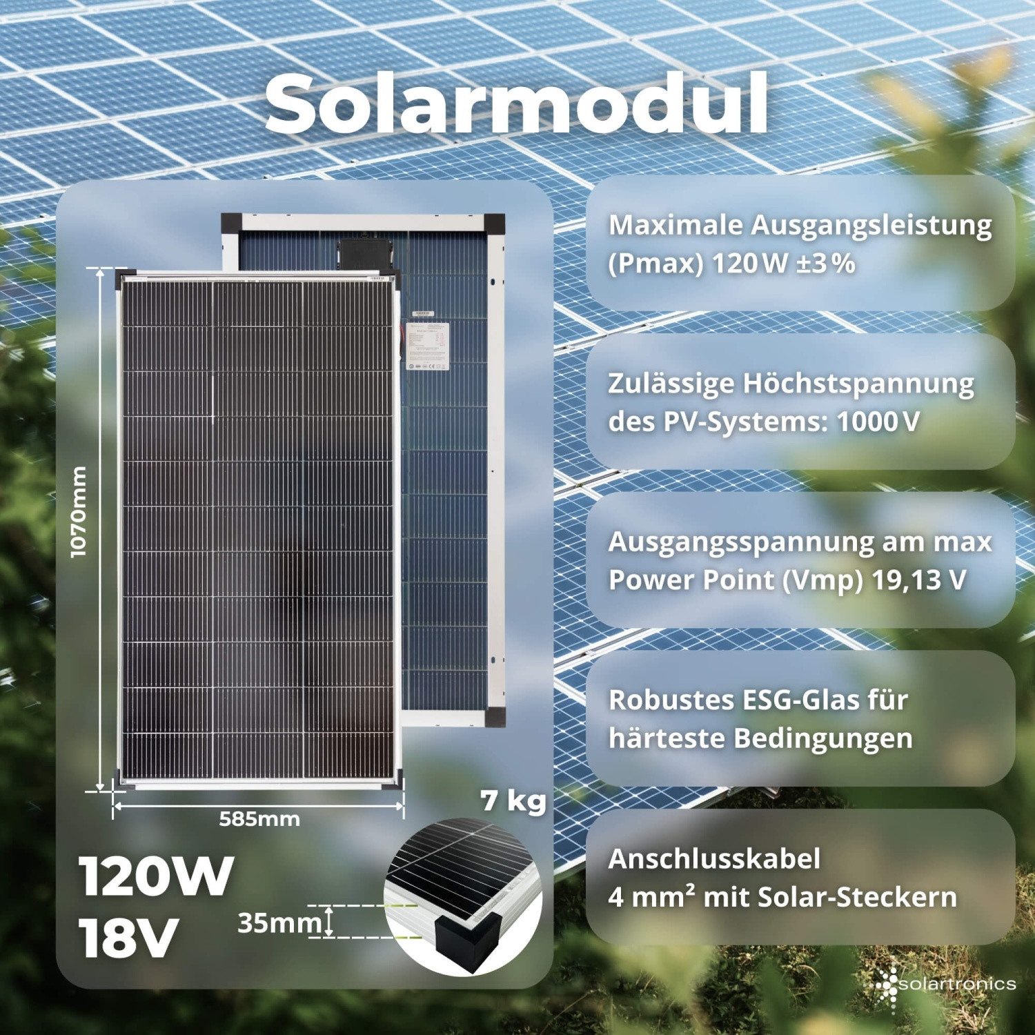 solartronics Solarmodul PV Anlage Komplettset: 120W Solarpanel, 1000W Inverter, 20A Laderegler, 120 W, Monokristallin, (FLi)